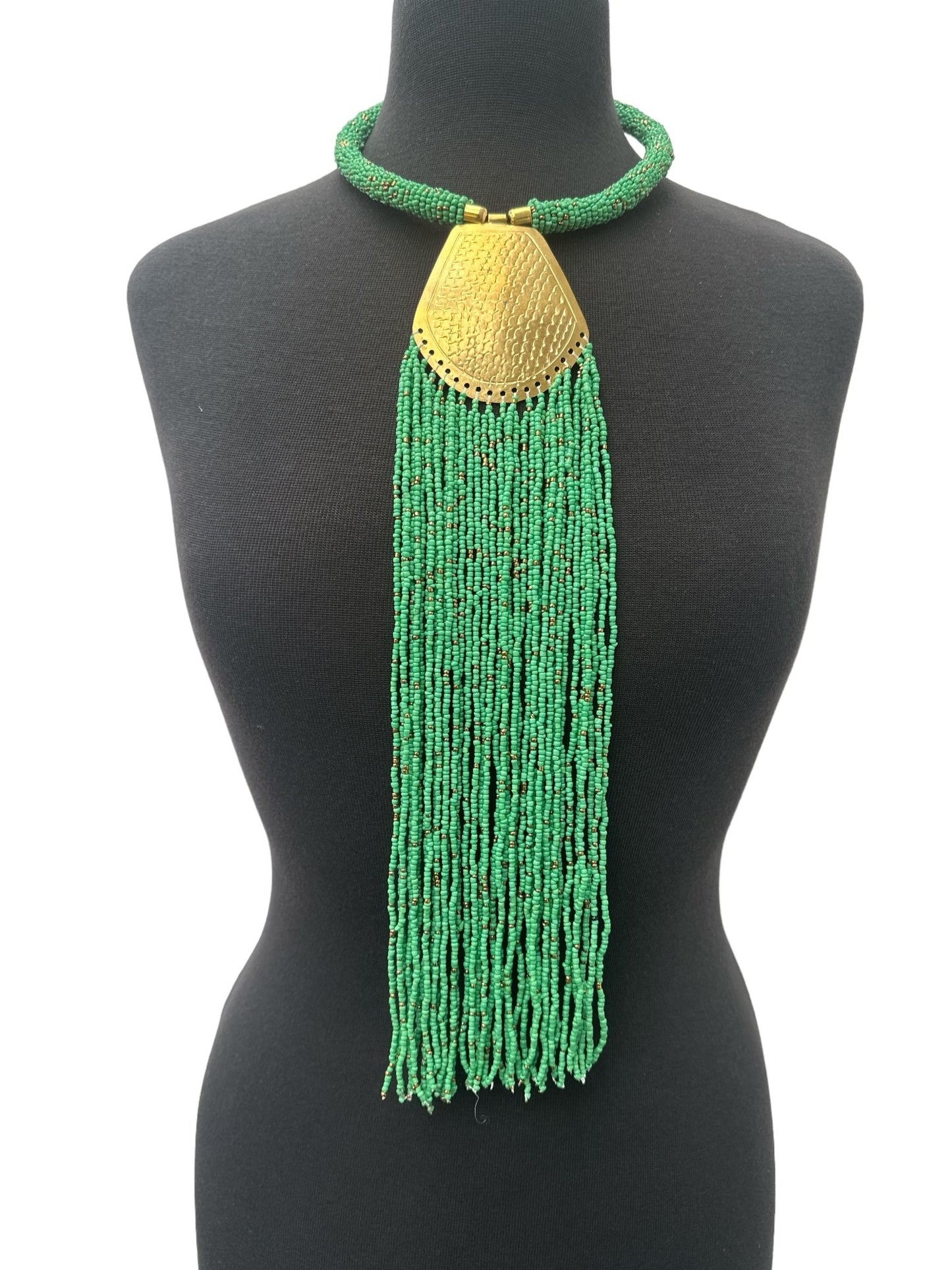Long Authentic African Engraved Brass Green Beaded Fringe Pendant Necklace - Fatisha Boutique