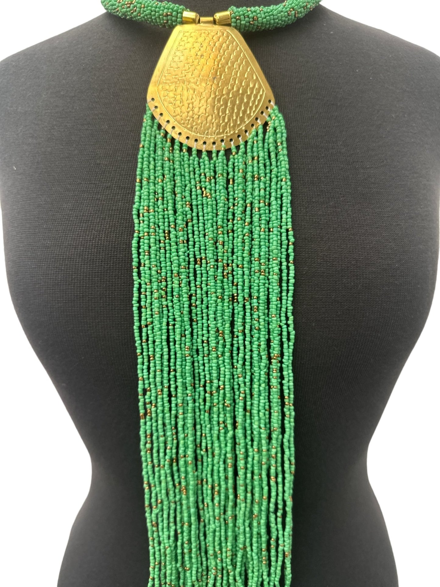 Long Authentic African Engraved Brass Green Beaded Fringe Pendant Necklace - Fatisha Boutique