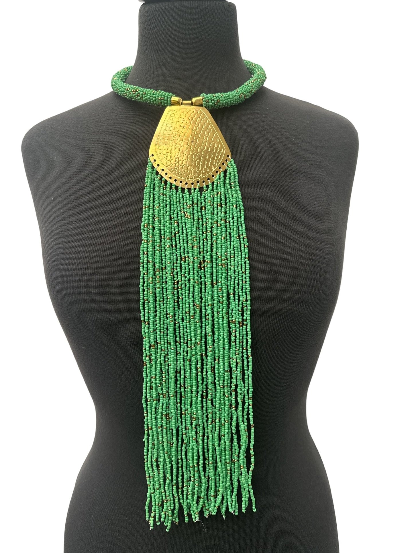Long Authentic African Engraved Brass Green Beaded Fringe Pendant Necklace - Fatisha Boutique