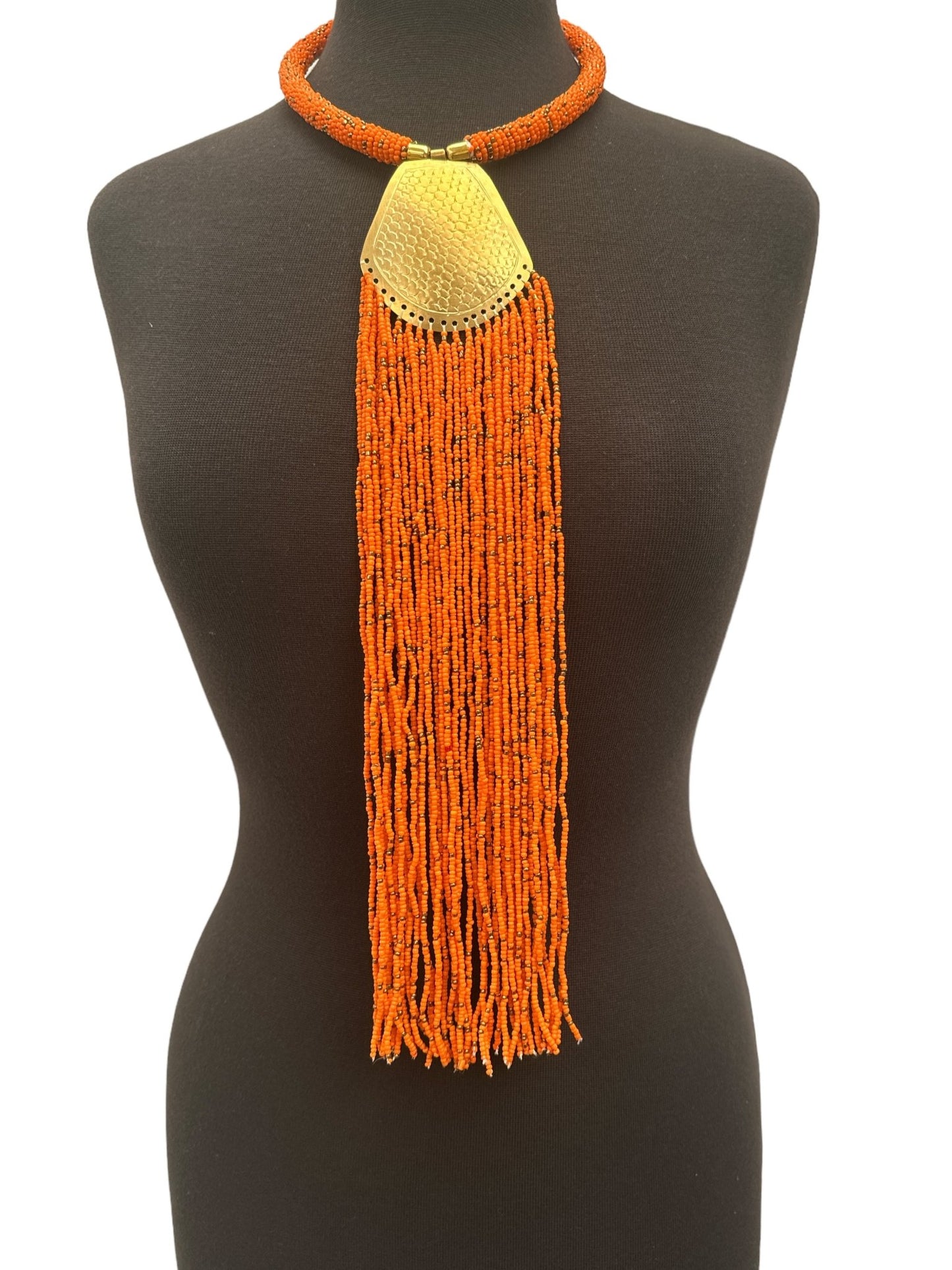 Long Authentic African Engraved Brass Orange Beaded Fringe Pendant Necklace - Fatisha Boutique