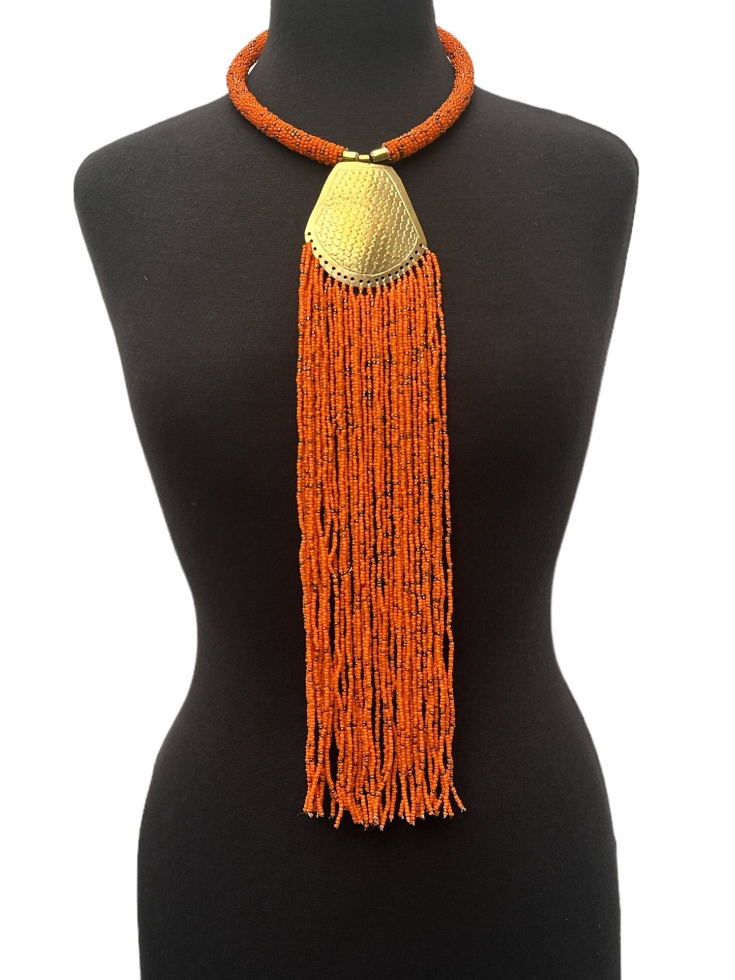Long Authentic African Engraved Brass Orange Beaded Fringe Pendant Necklace - Fatisha Boutique