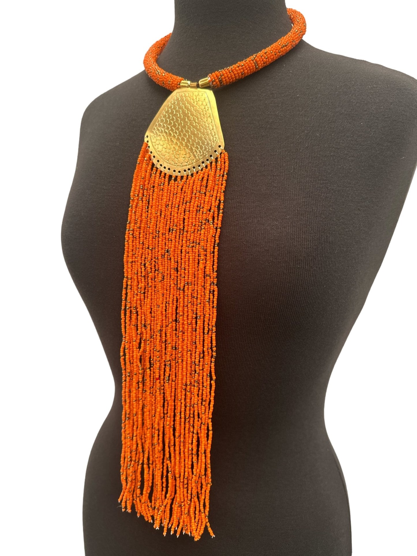 Long Authentic African Engraved Brass Orange Beaded Fringe Pendant Necklace - Fatisha Boutique