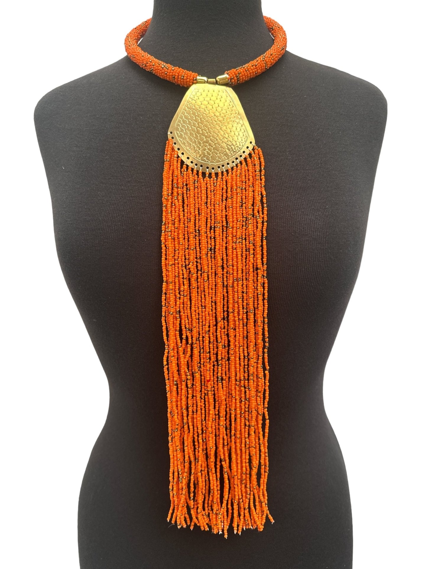 Long Authentic African Engraved Brass Orange Beaded Fringe Pendant Necklace - Fatisha Boutique