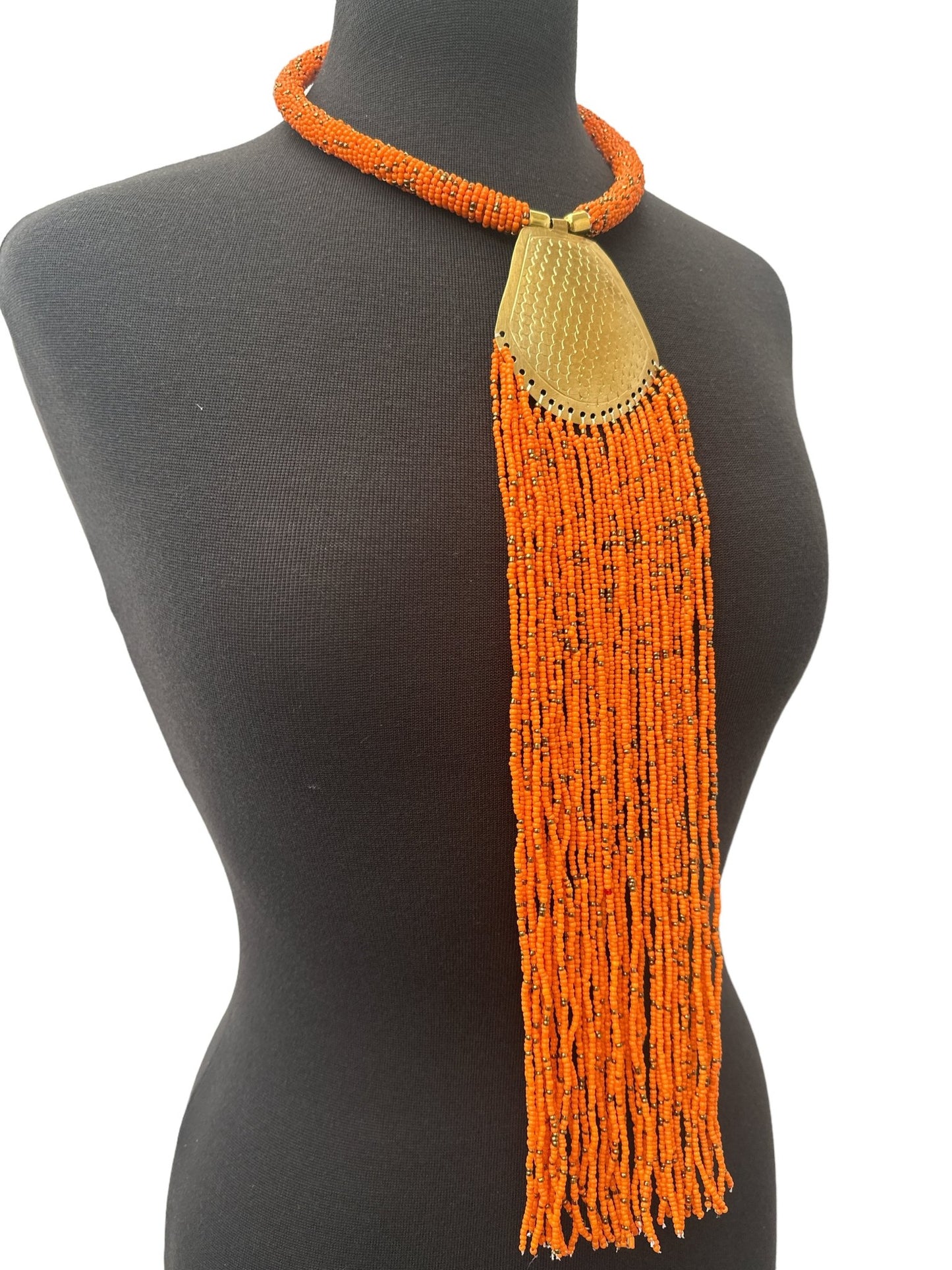 Long Authentic African Engraved Brass Orange Beaded Fringe Pendant Necklace - Fatisha Boutique