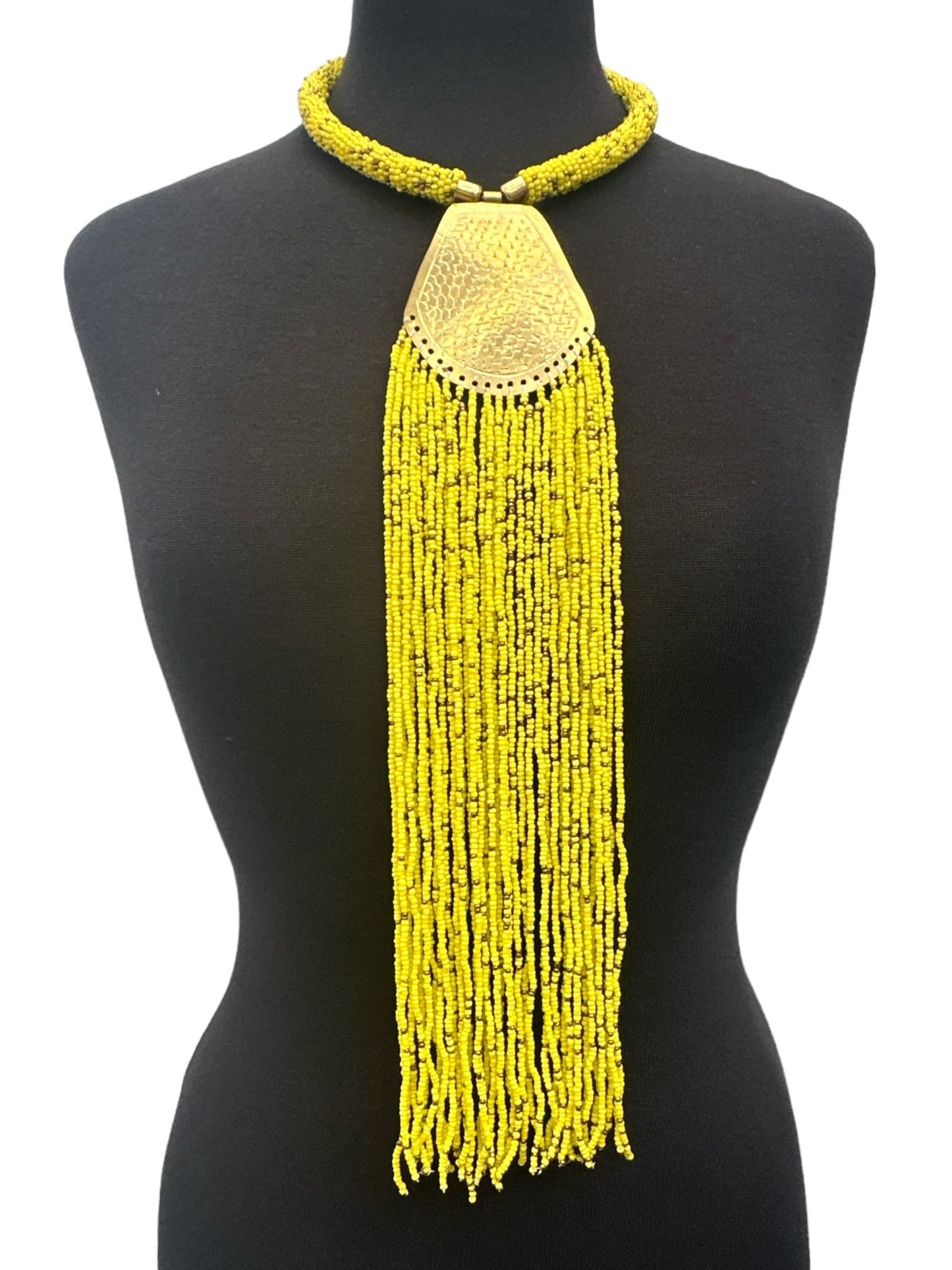 Long Authentic African Engraved Brass Yellow Beaded Fringe Pendant Necklace - Fatisha Boutique
