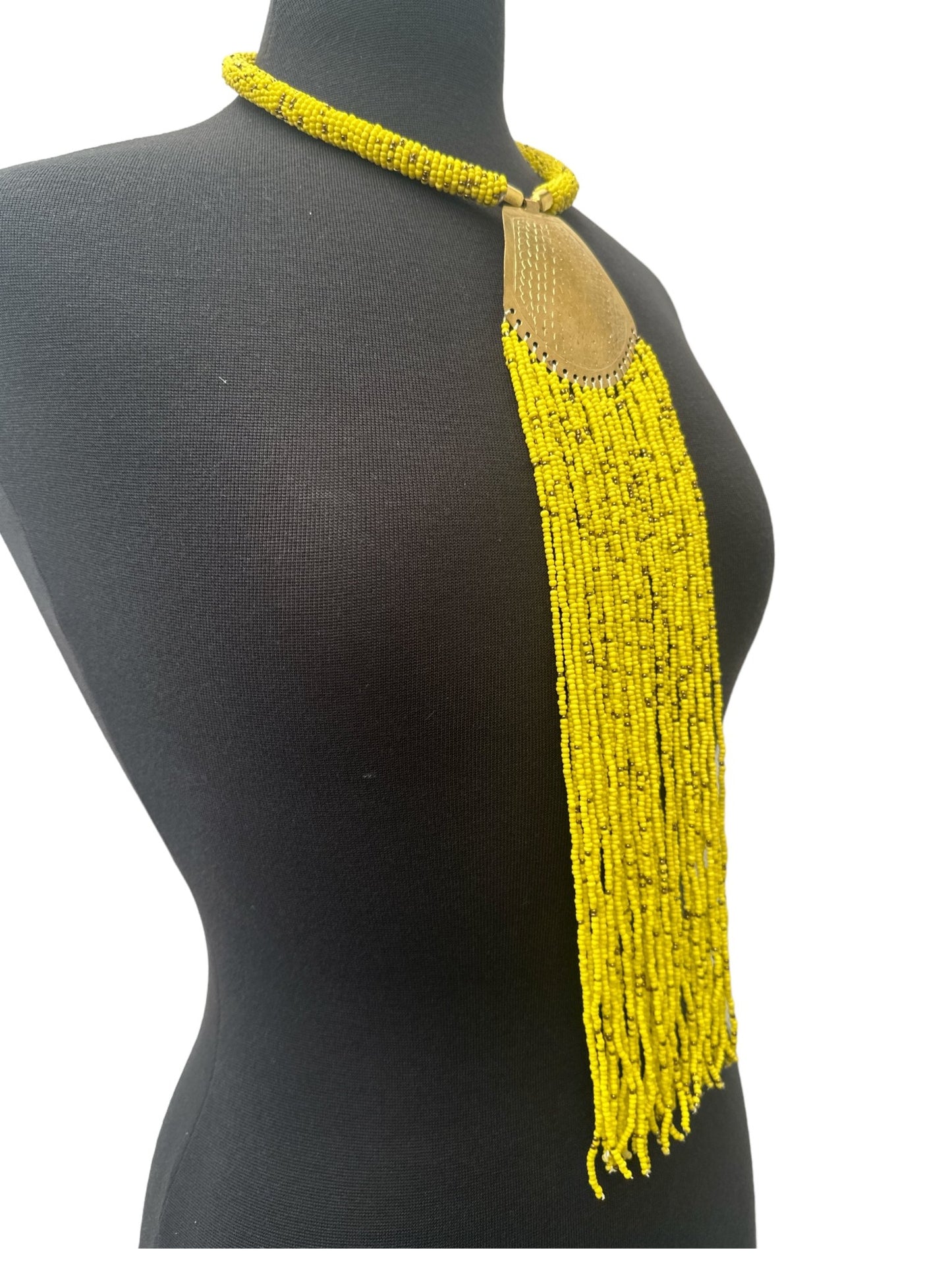Long Authentic African Engraved Brass Yellow Beaded Fringe Pendant Necklace - Fatisha Boutique