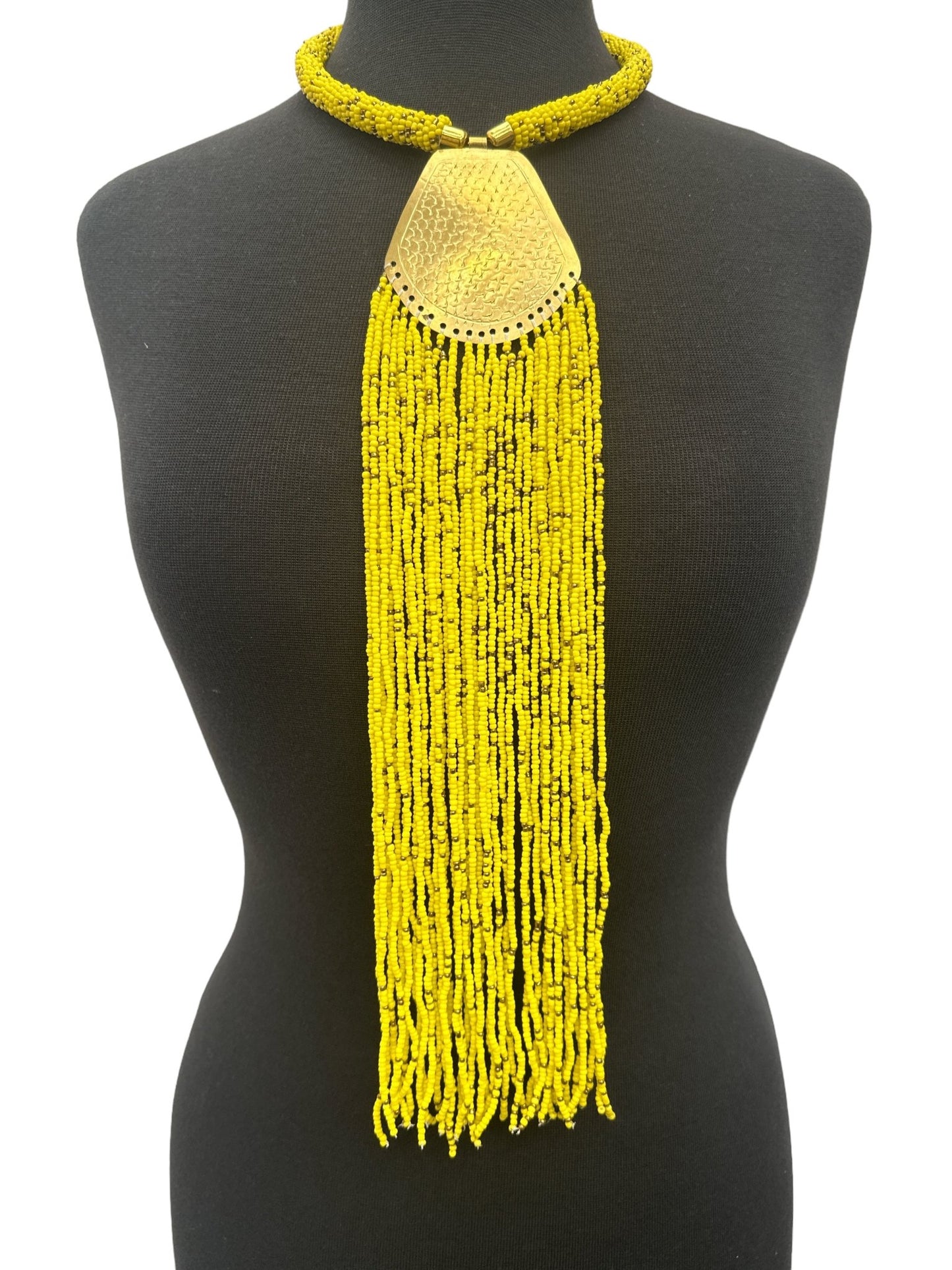 Long Authentic African Engraved Brass Yellow Beaded Fringe Pendant Necklace - Fatisha Boutique