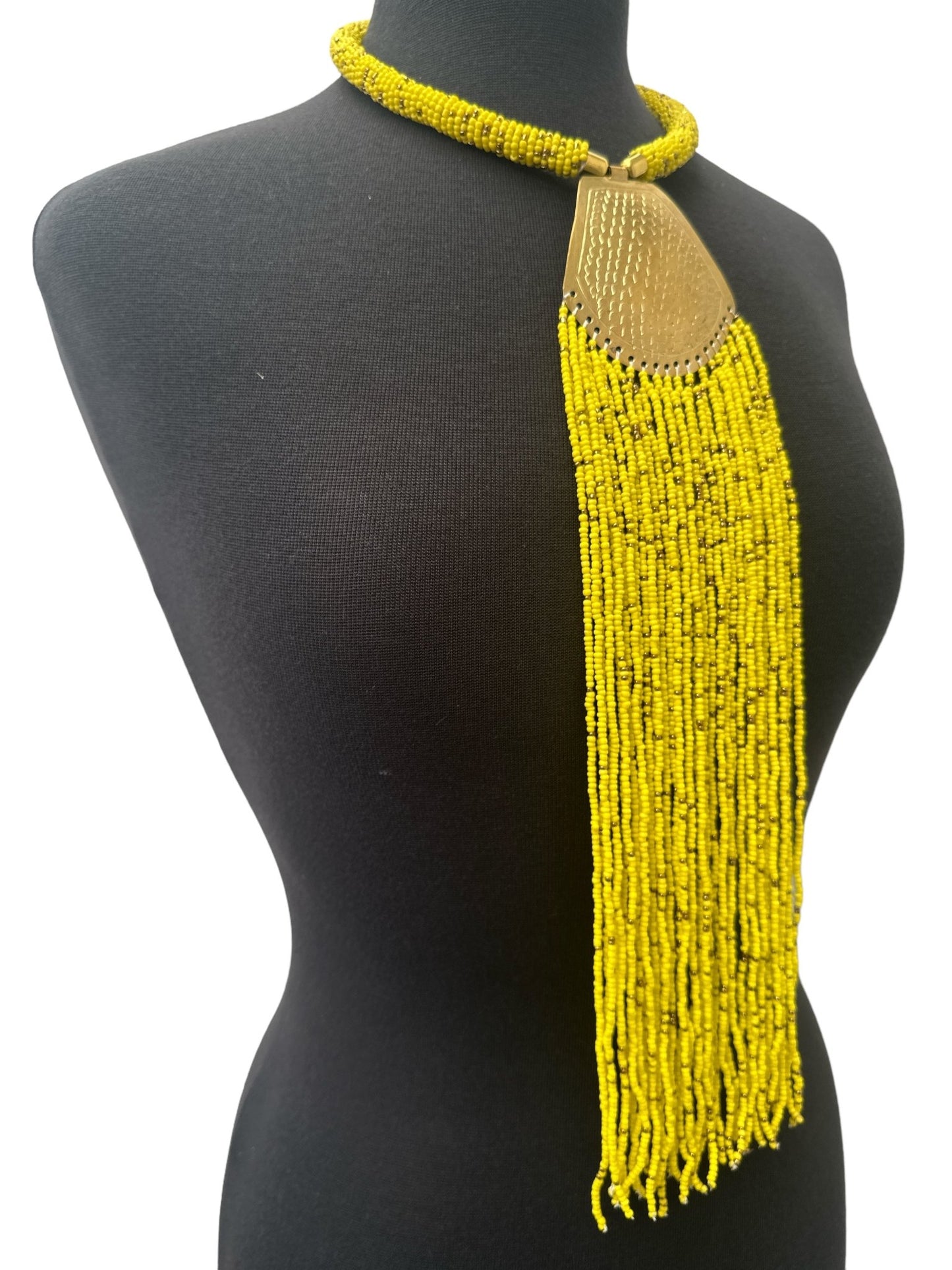 Long Authentic African Engraved Brass Yellow Beaded Fringe Pendant Necklace - Fatisha Boutique