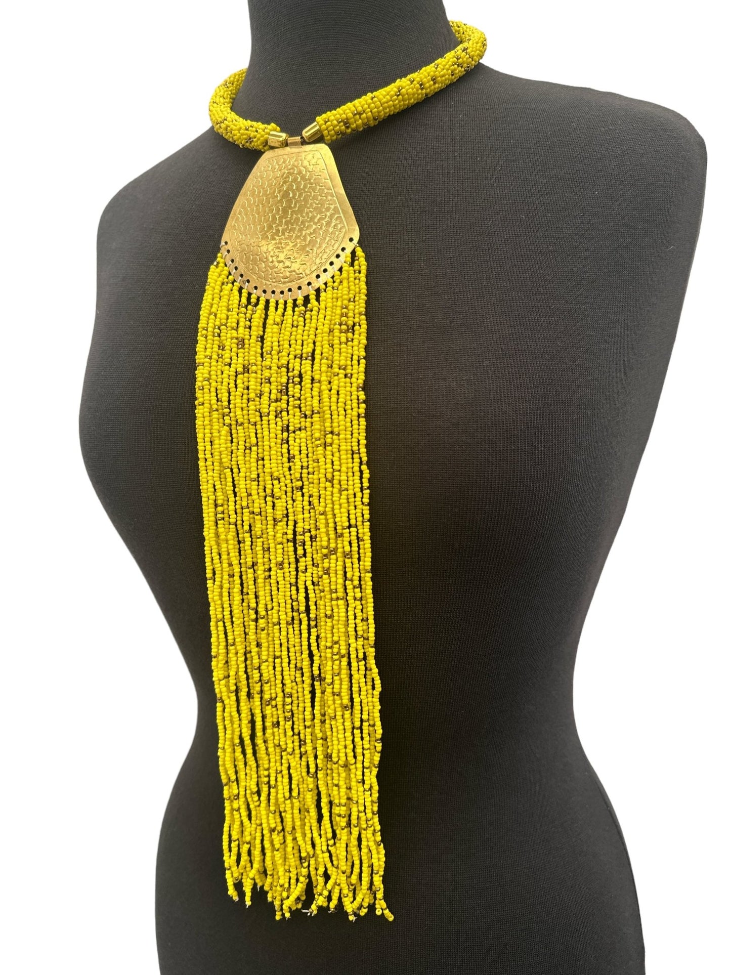 Long Authentic African Engraved Brass Yellow Beaded Fringe Pendant Necklace - Fatisha Boutique