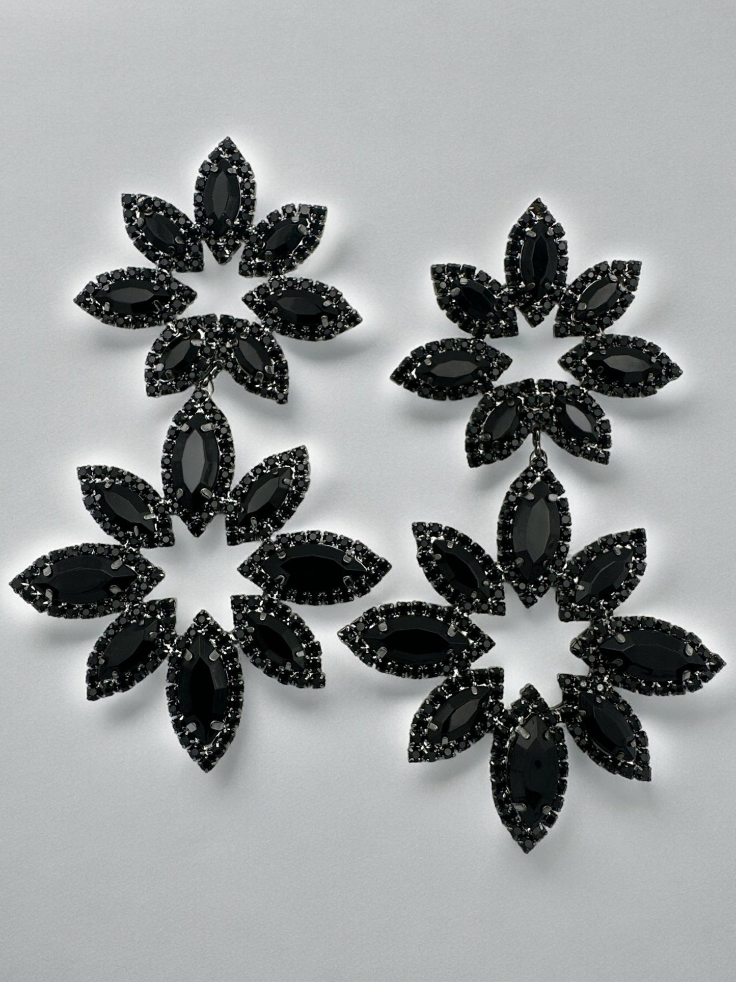 Long Black Diamante Rhinestone Daisy Flower Stud Dangle Earrings - Fatisha Boutique
