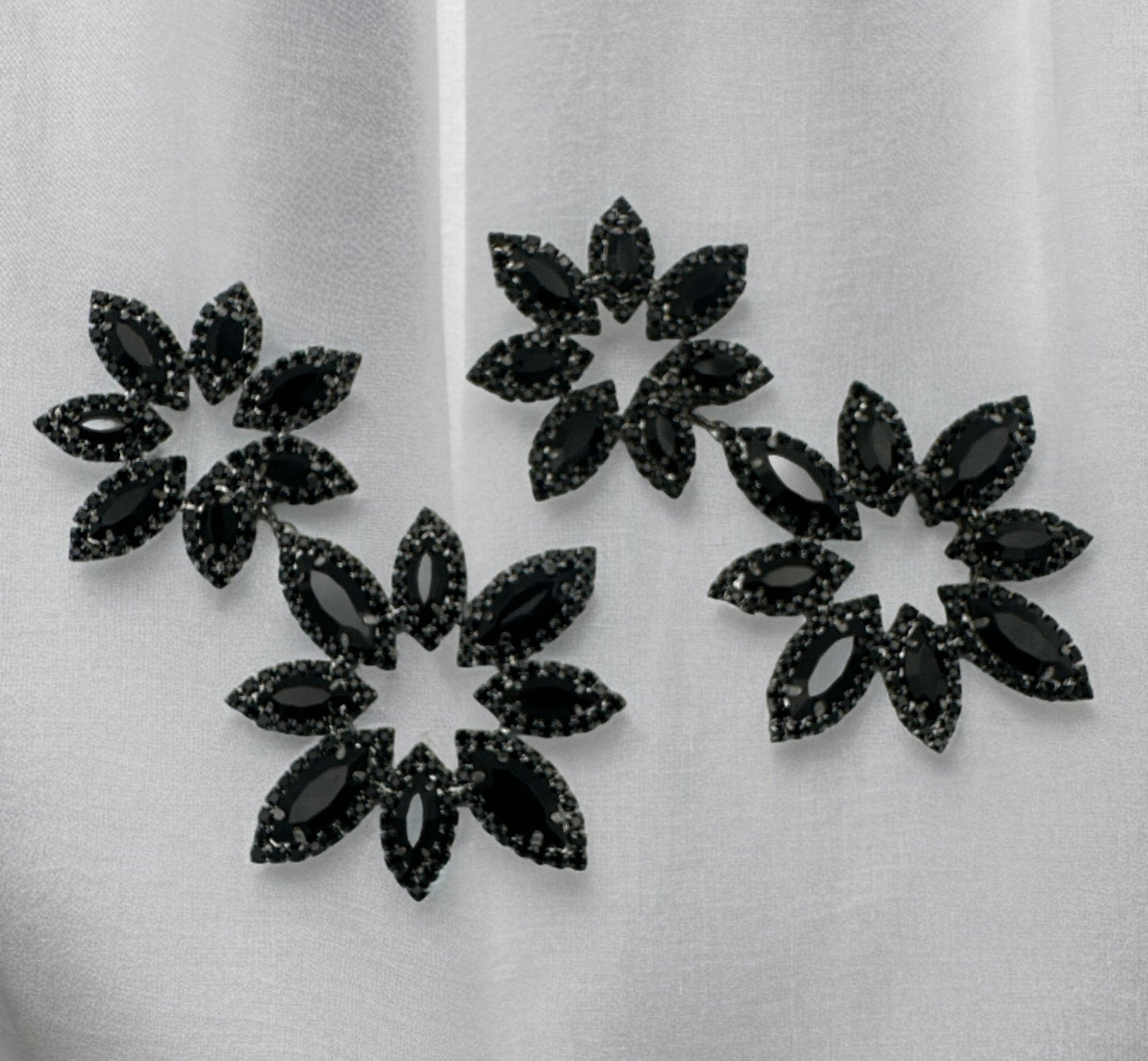 Long Black Diamante Rhinestone Daisy Flower Stud Dangle Earrings - Fatisha Boutique