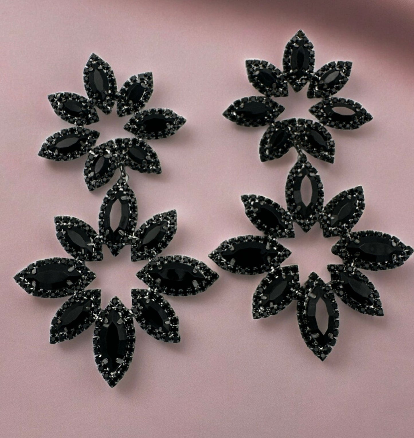 Long Black Diamante Rhinestone Daisy Flower Stud Dangle Earrings - Fatisha Boutique