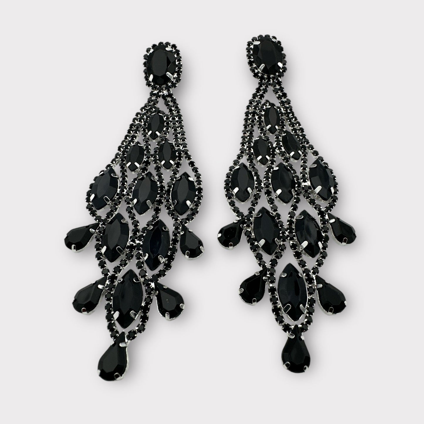 Long Black Glamorous Diamante Rhinestone Teardrop Tassel Statement Earrings - Fatisha Boutique