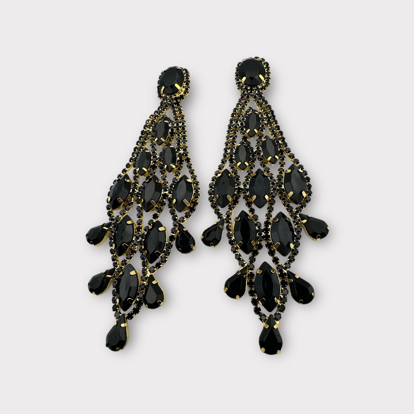 Long Black Glamorous Diamante Rhinestone Teardrop Tassel Statement Earrings - Fatisha Boutique