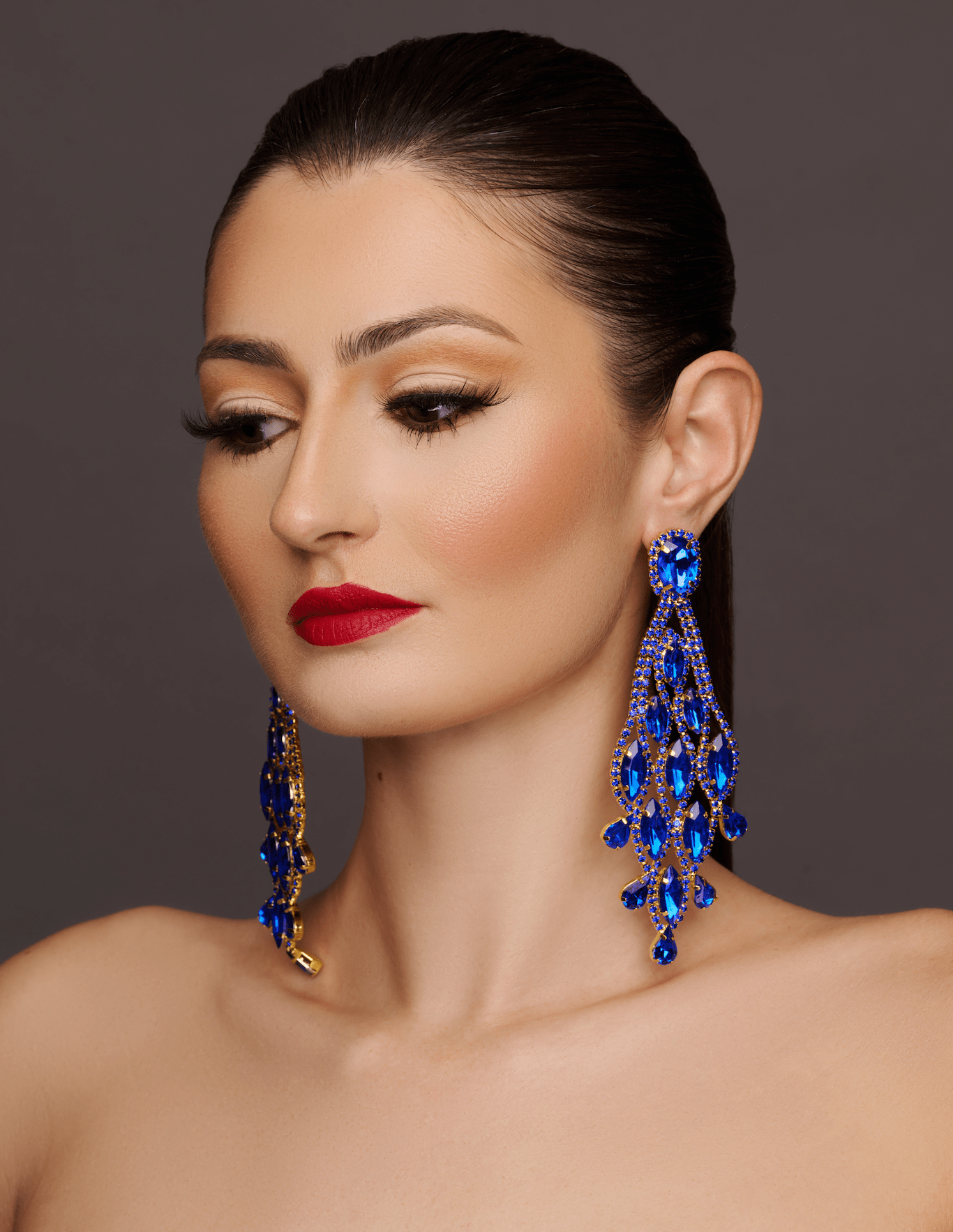 Long Blue Glamorous Diamante Rhinestone Teardrop Tassel Earrings - Fatisha Boutique