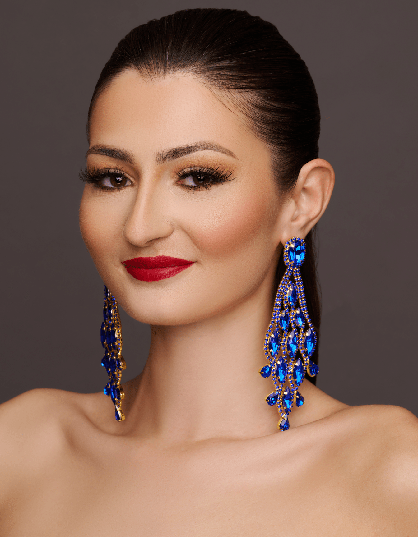 Long Blue Glamorous Diamante Rhinestone Teardrop Tassel Earrings - Fatisha Boutique
