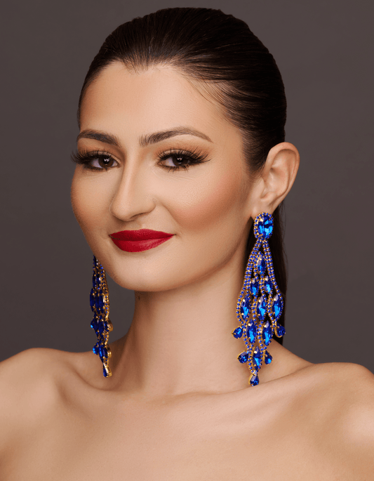 Long Blue Glamorous Diamante Rhinestone Teardrop Tassel Earrings - Fatisha Boutique