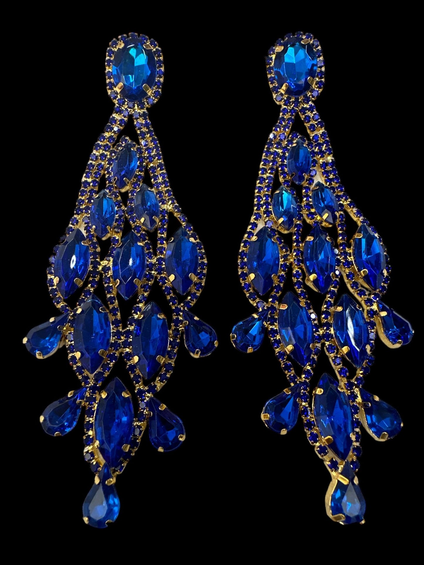 Long Blue Glamorous Diamante Rhinestone Teardrop Tassel Earrings - Fatisha Boutique