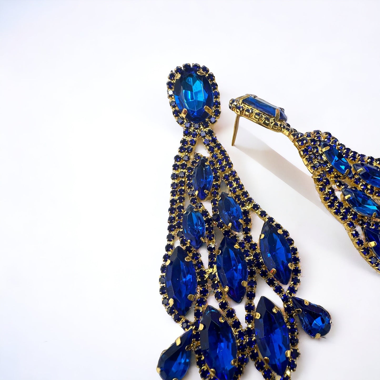 Long Blue Glamorous Diamante Rhinestone Teardrop Tassel Earrings - Fatisha Boutique