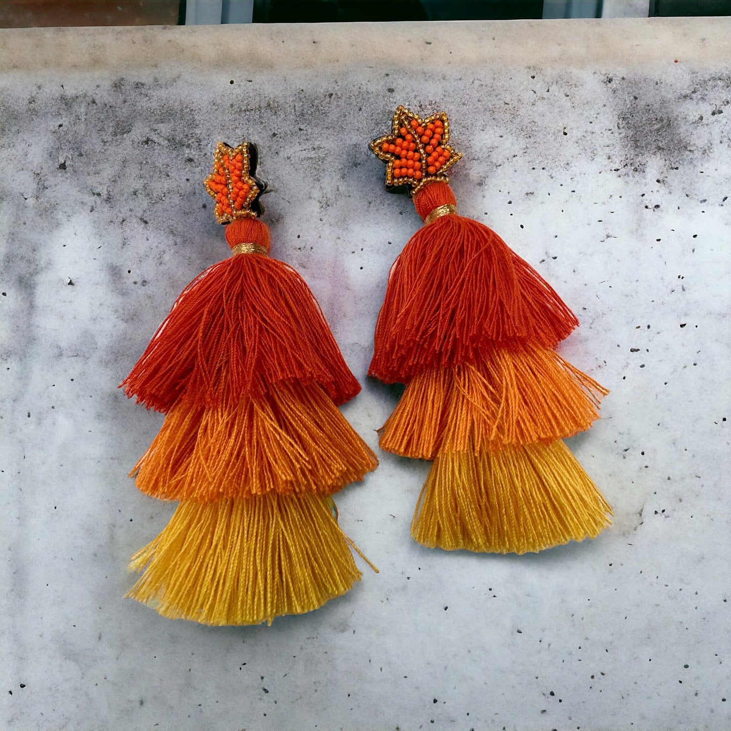 Long Bohemian Orange Thread Tassel Statement Earrings - Fatisha Boutique