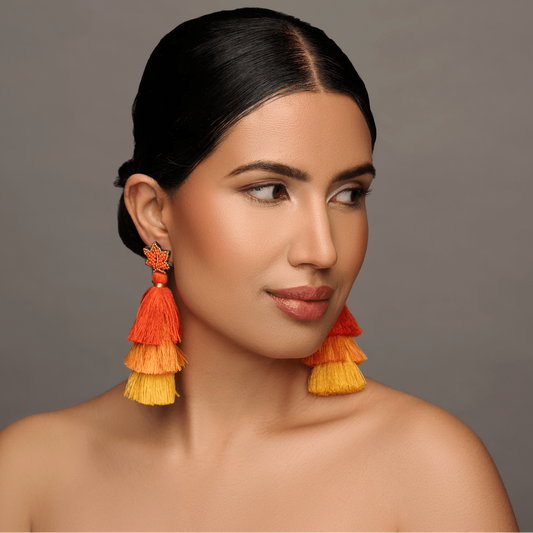 Long Bohemian Orange Thread Tassel Statement Earrings - Fatisha Boutique