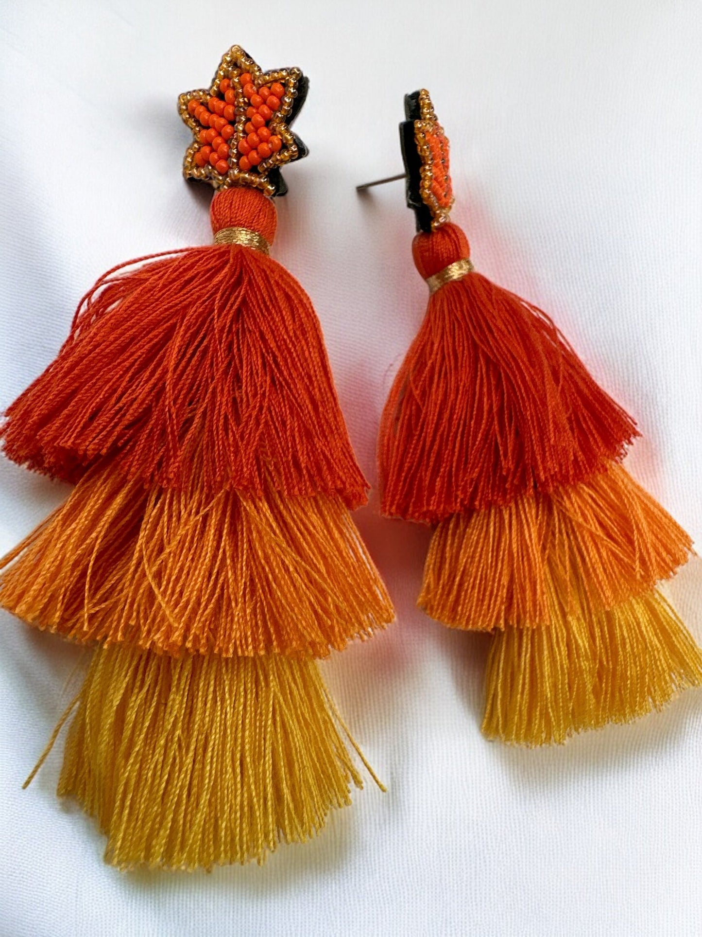 Long Bohemian Orange Thread Tassel Statement Earrings - Fatisha Boutique