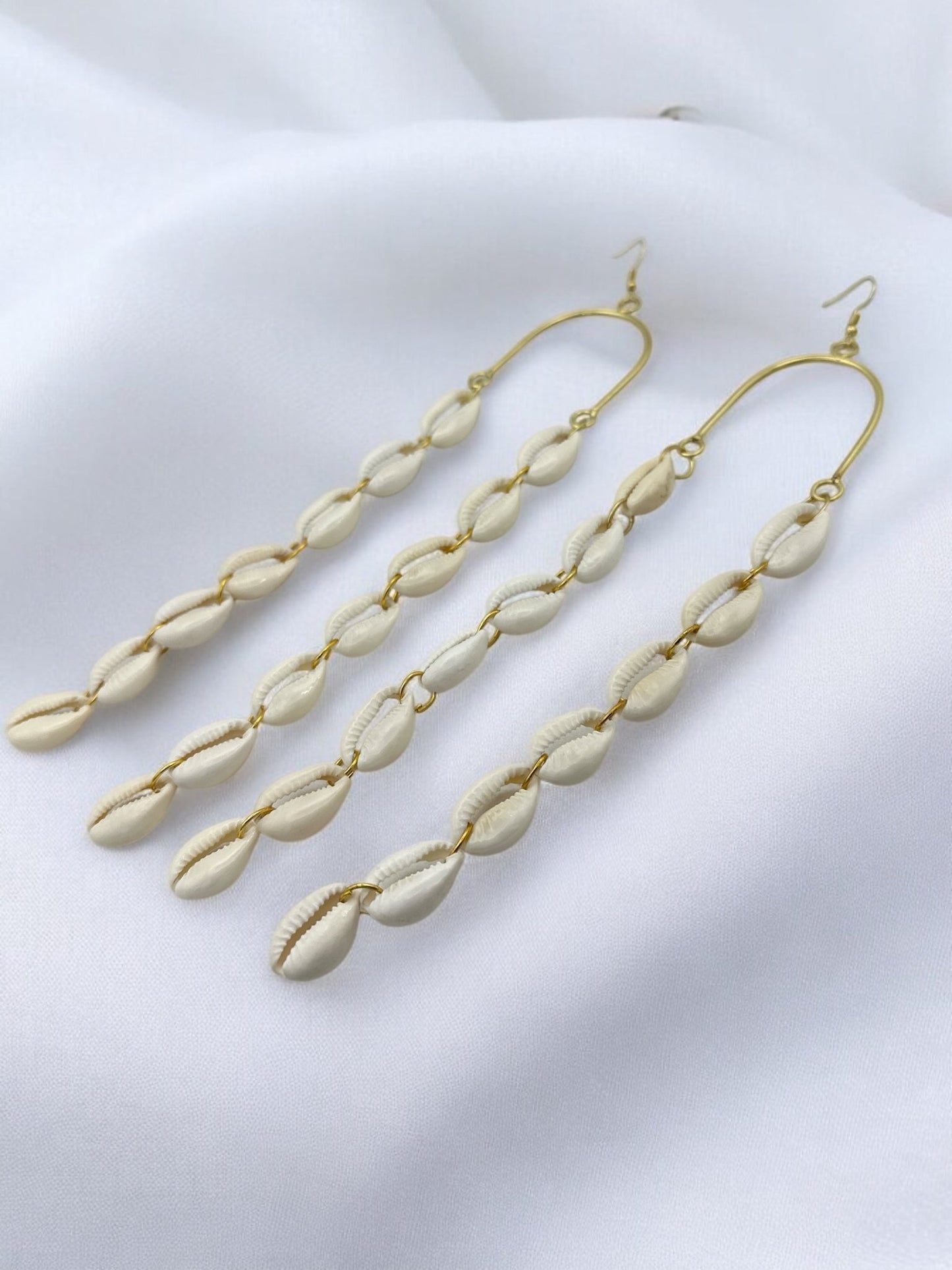 Long Cowrie Shell and Brass African Earrings - Statement Boho Dangle Earrings - Fatisha Boutique