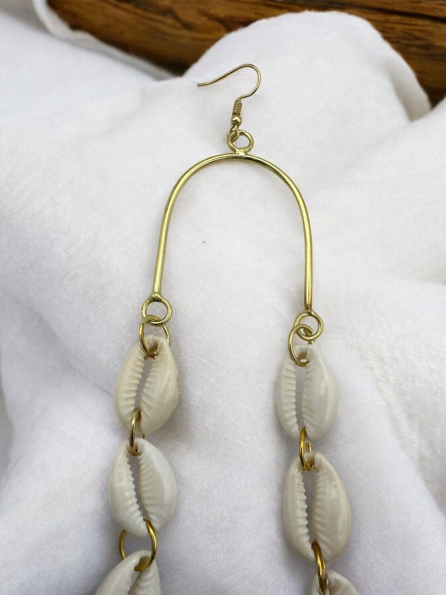 Long Cowrie Shell and Brass African Earrings - Statement Boho Dangle Earrings - Fatisha Boutique