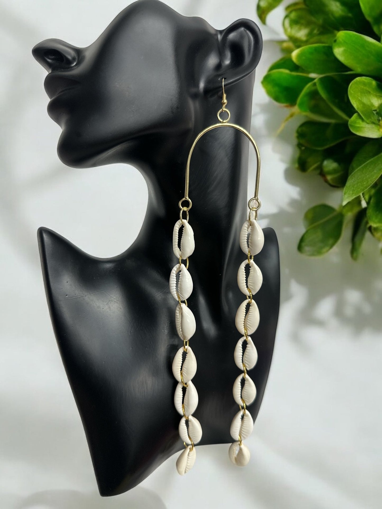 Long Cowrie Shell and Brass African Earrings - Statement Boho Dangle Earrings - Fatisha Boutique