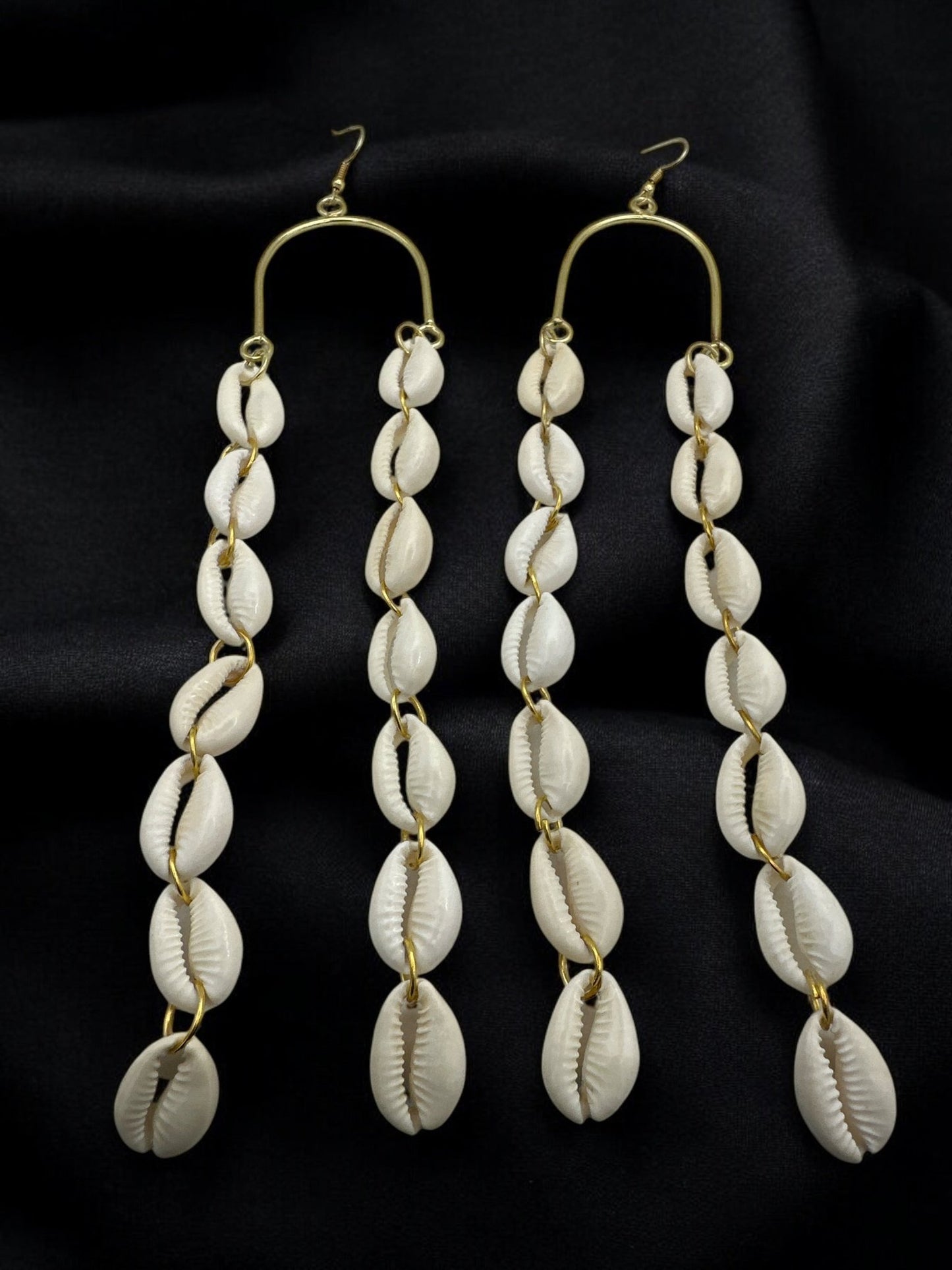 Long Cowrie Shell and Brass African Earrings - Statement Boho Dangle Earrings - Fatisha Boutique