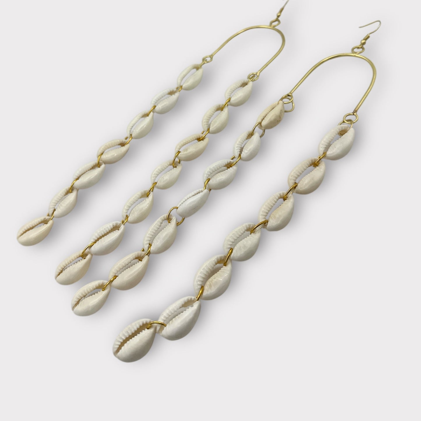 Long Cowrie Shell and Brass African Earrings - Statement Boho Dangle Earrings - Fatisha Boutique