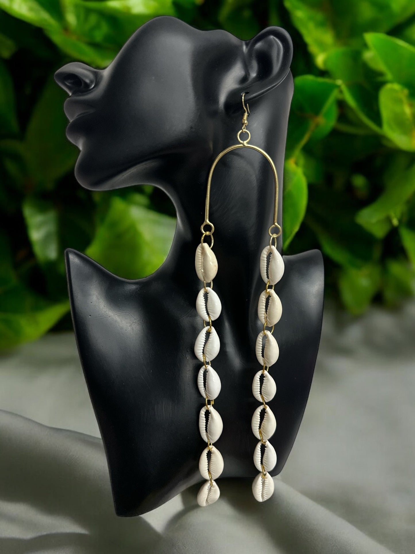 Long Cowrie Shell and Brass African Earrings - Statement Boho Dangle Earrings - Fatisha Boutique