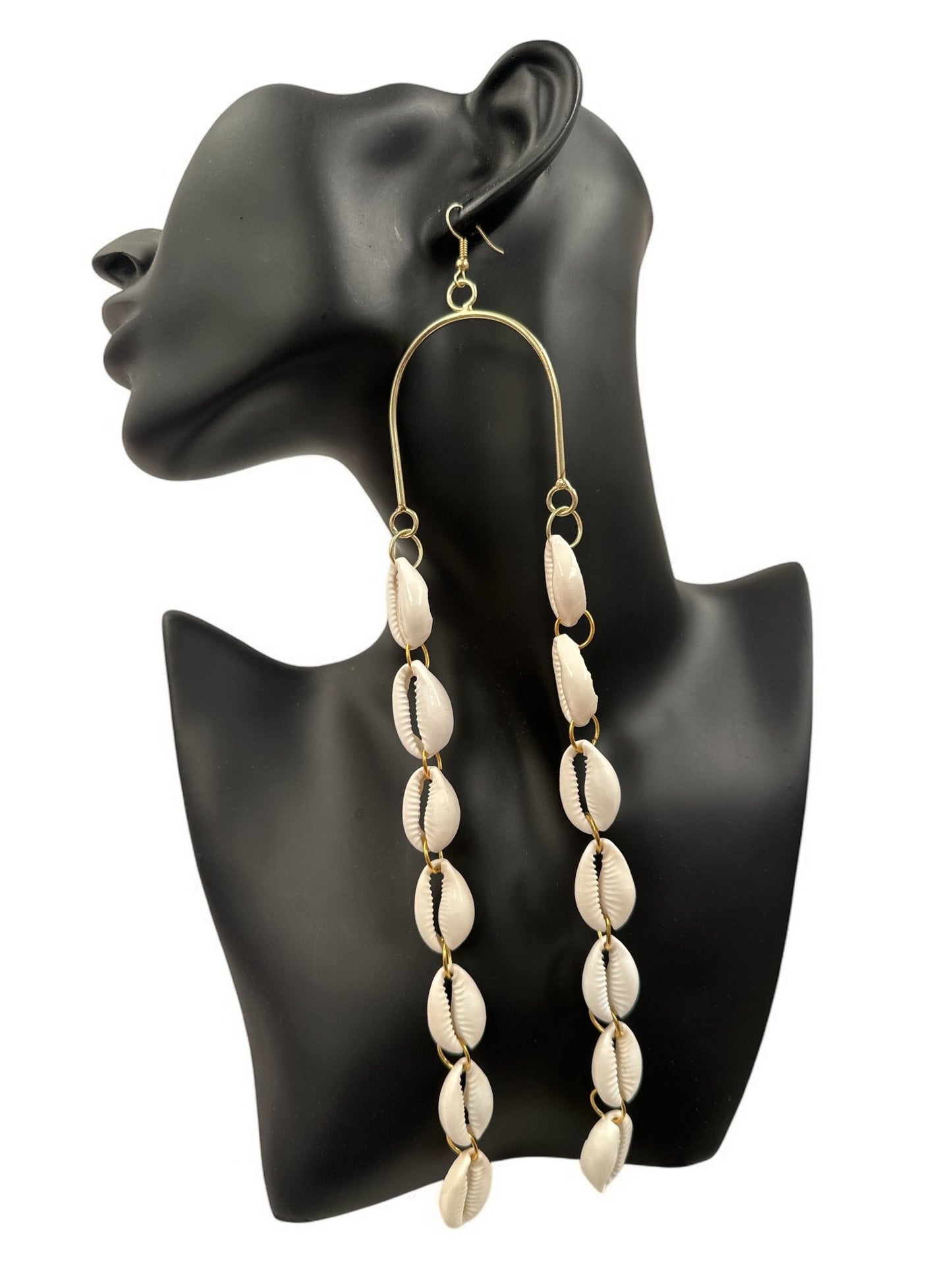 Long Cowrie Shell & Brass Earrings – Boho African Statement Dangle Jewellery - Fatisha Boutique