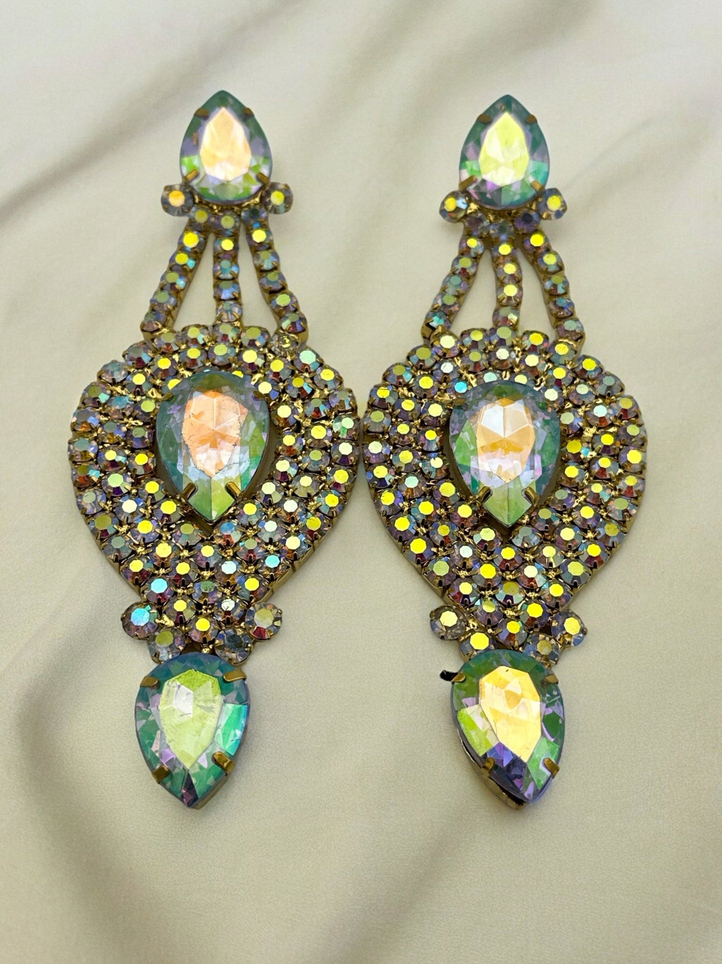 Long Elegant AB Colour Diamante Rhinestones Statement Dangle Earrings - Fatisha Boutique