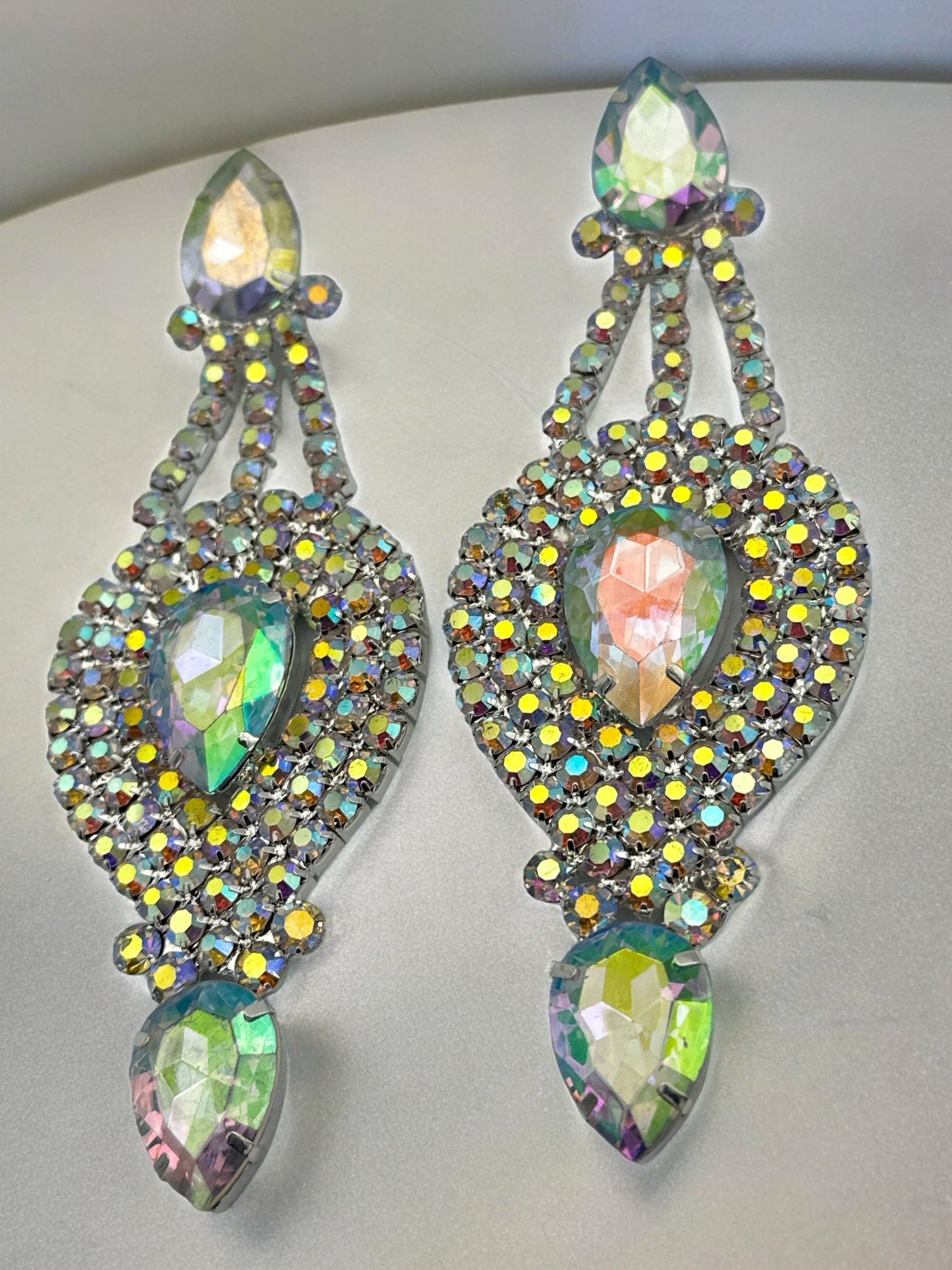 Long Elegant AB Colour Diamante Rhinestones Statement Dangle Earrings - Fatisha Boutique
