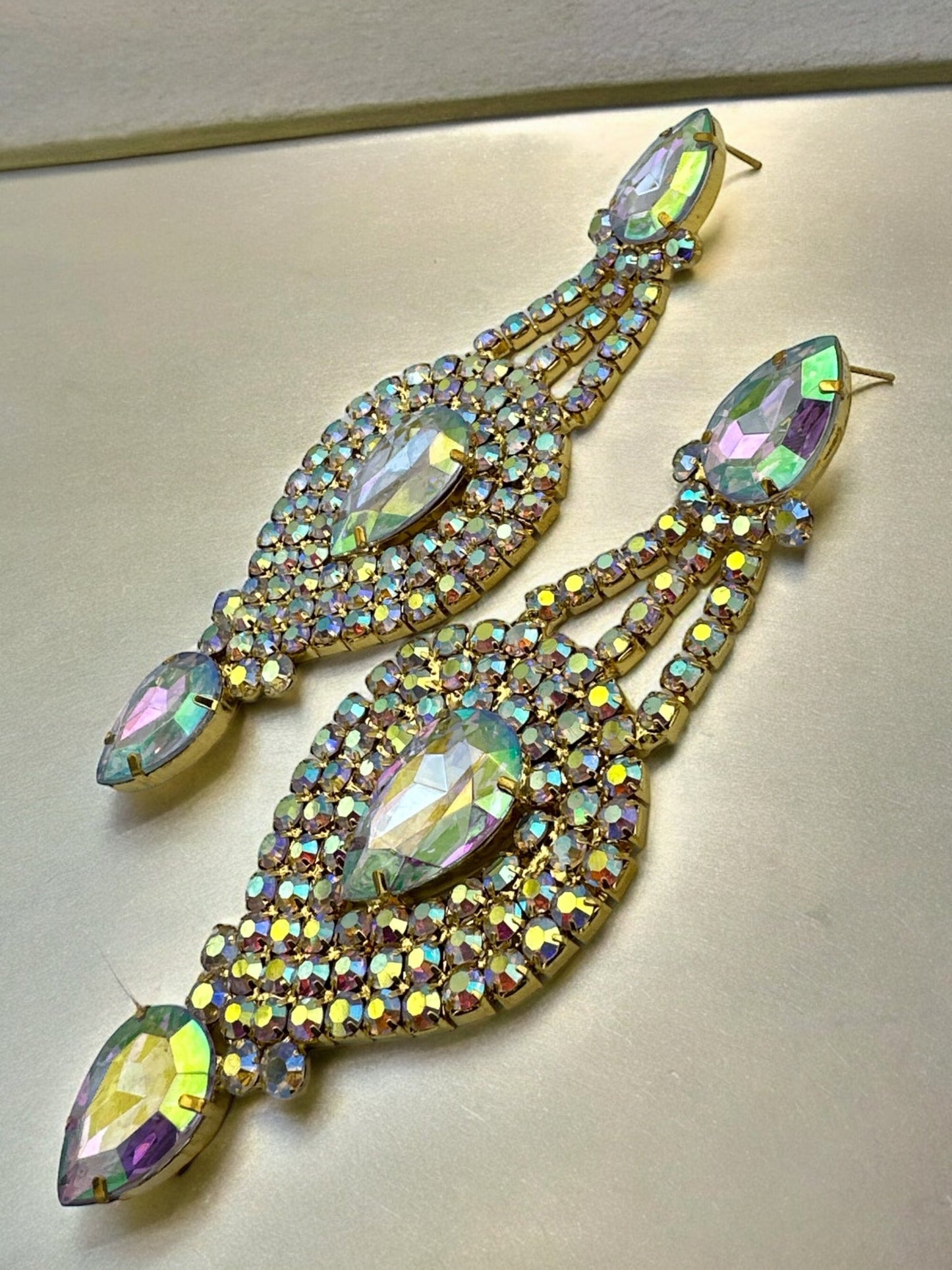 Long Elegant AB Colour Diamante Rhinestones Statement Dangle Earrings - Fatisha Boutique