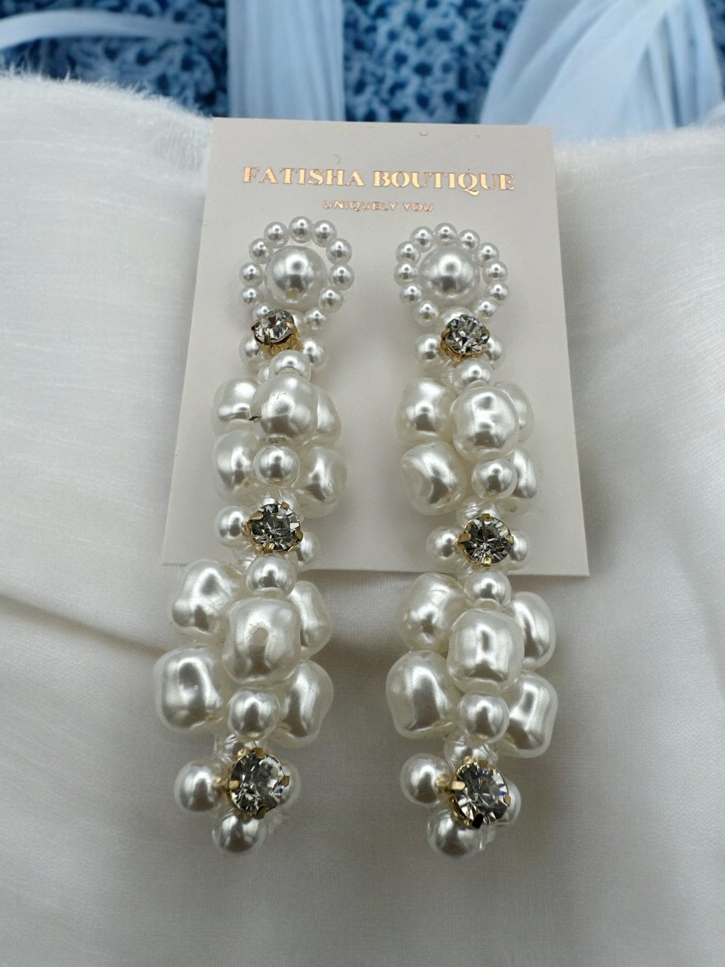 Long Elegant Faux Pearl Rhinestone Drop Earrings – Sophisticated Statement Earrings for Women - Fatisha Boutique