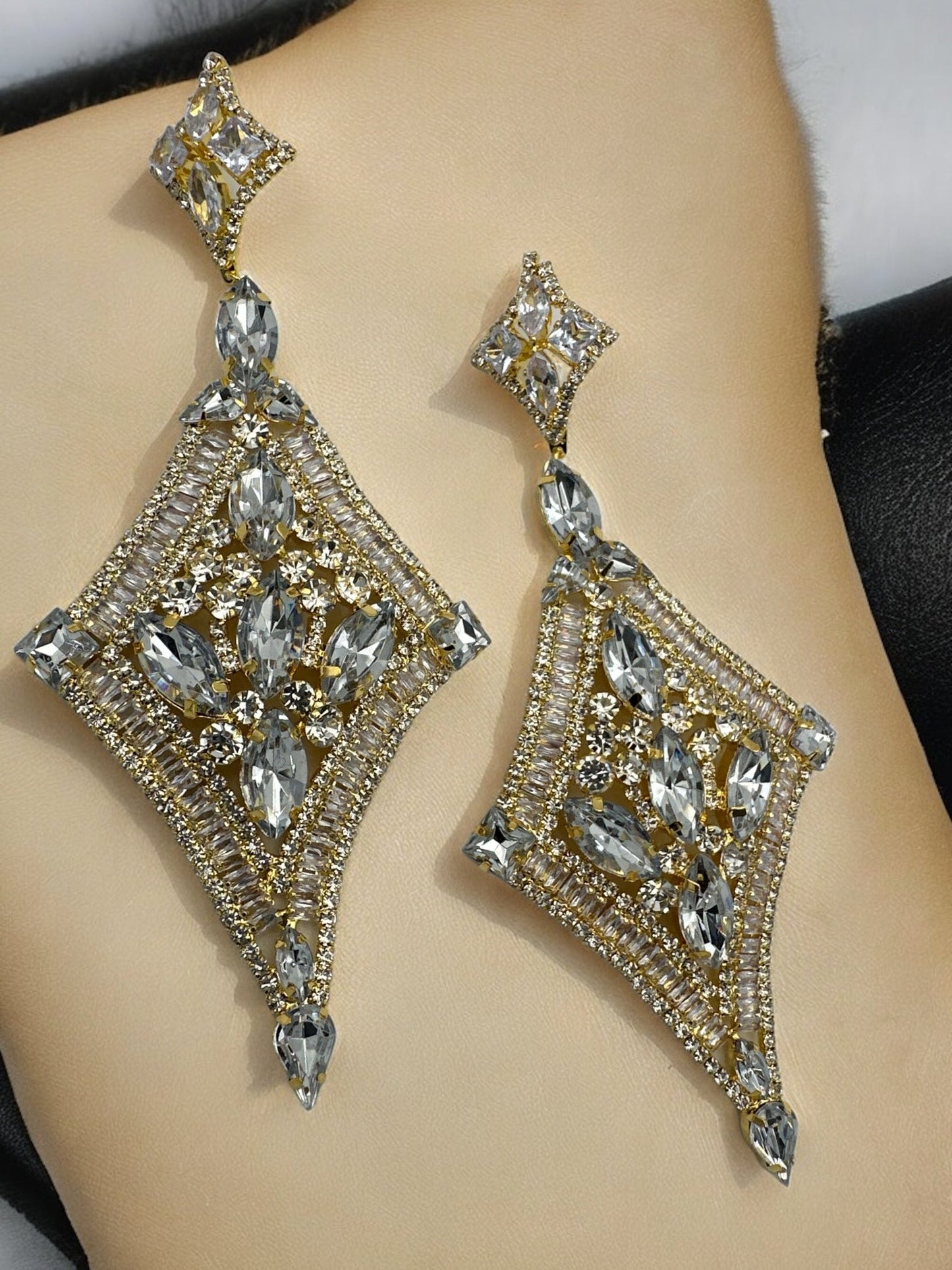 Long Elegant Glamorous Crystal Diamante Rhinestone Statement Dangle Earrings - Fatisha Boutique