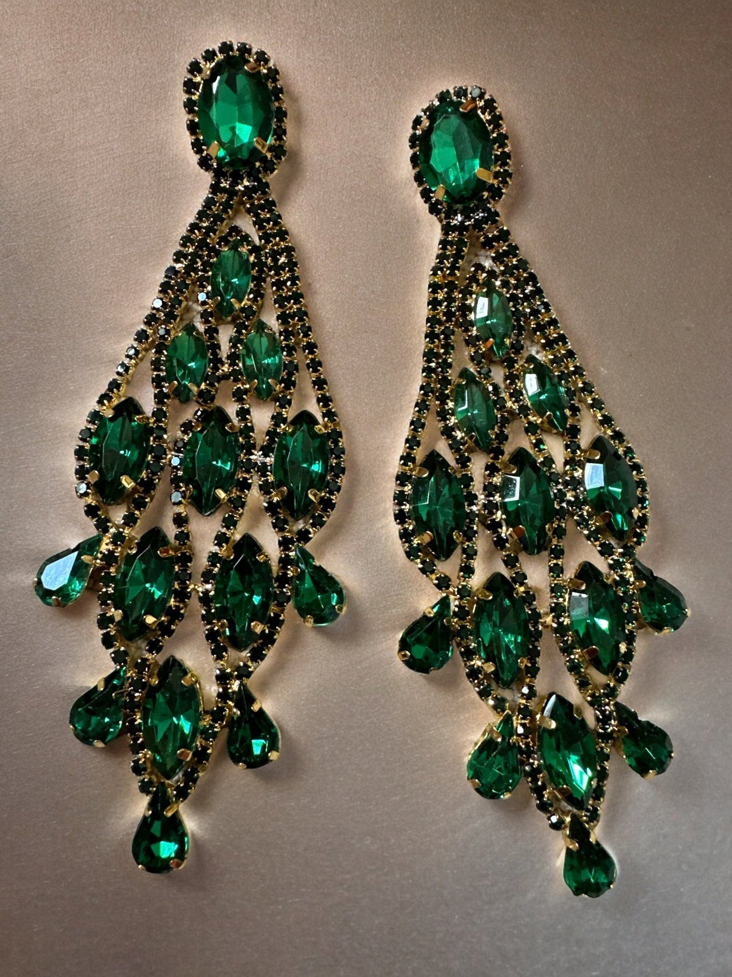Long Elegant Glamorous Green Diamante Rhinestone Teardrop Tassel Statement Earrings - Fatisha Boutique