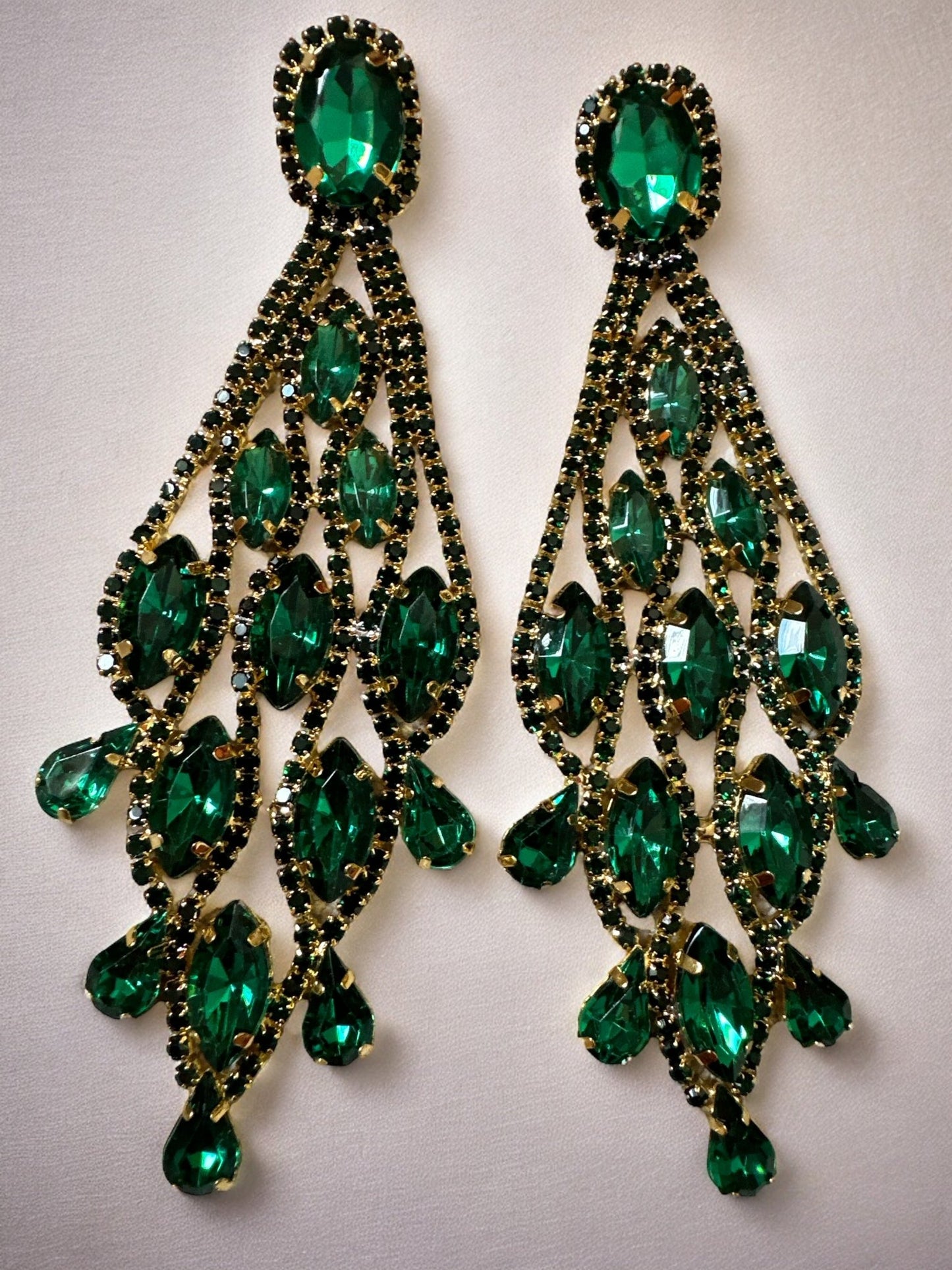 Long Elegant Glamorous Green Diamante Rhinestone Teardrop Tassel Statement Earrings - Fatisha Boutique