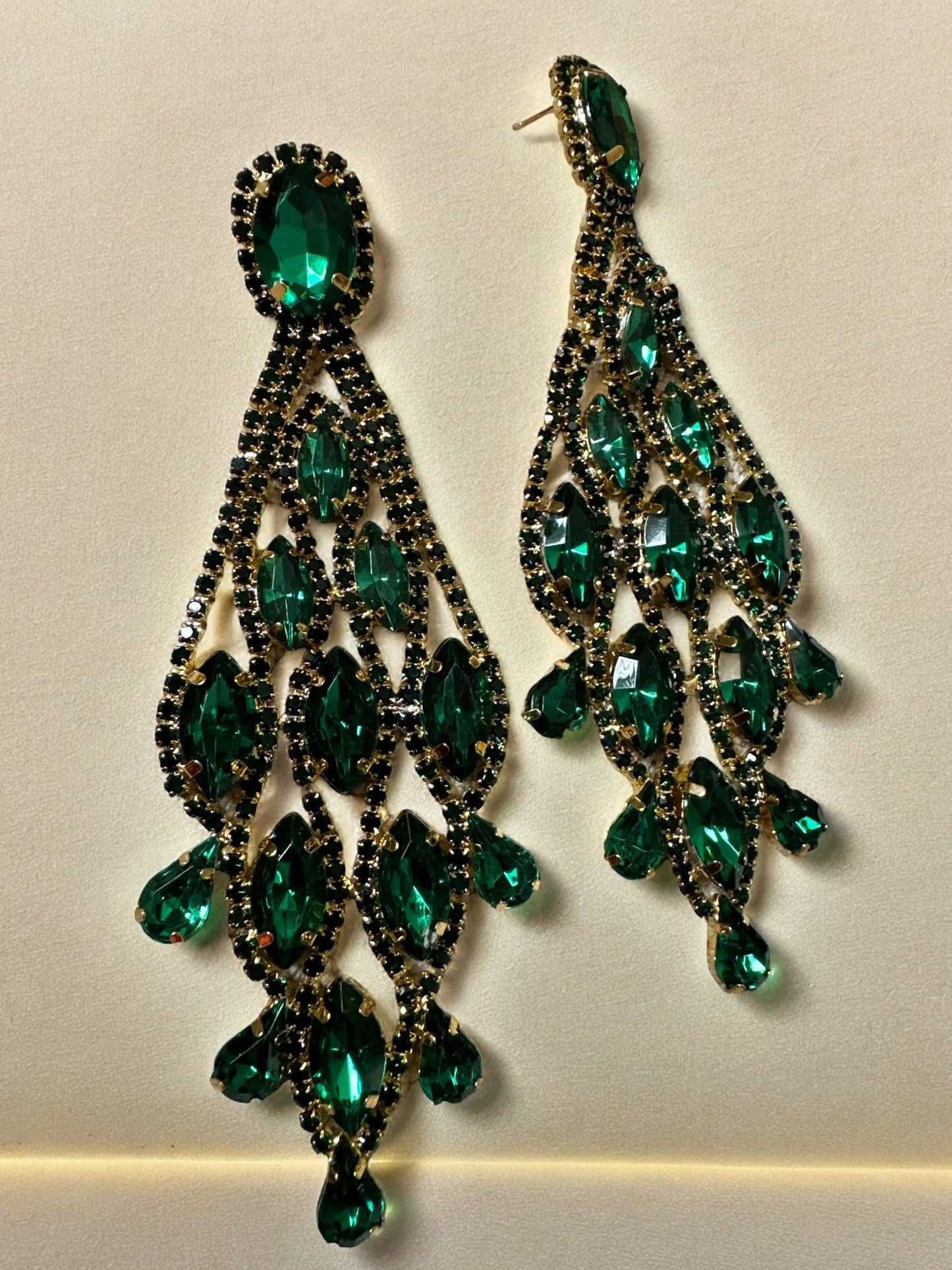 Long Elegant Glamorous Green Diamante Rhinestone Teardrop Tassel Statement Earrings - Fatisha Boutique