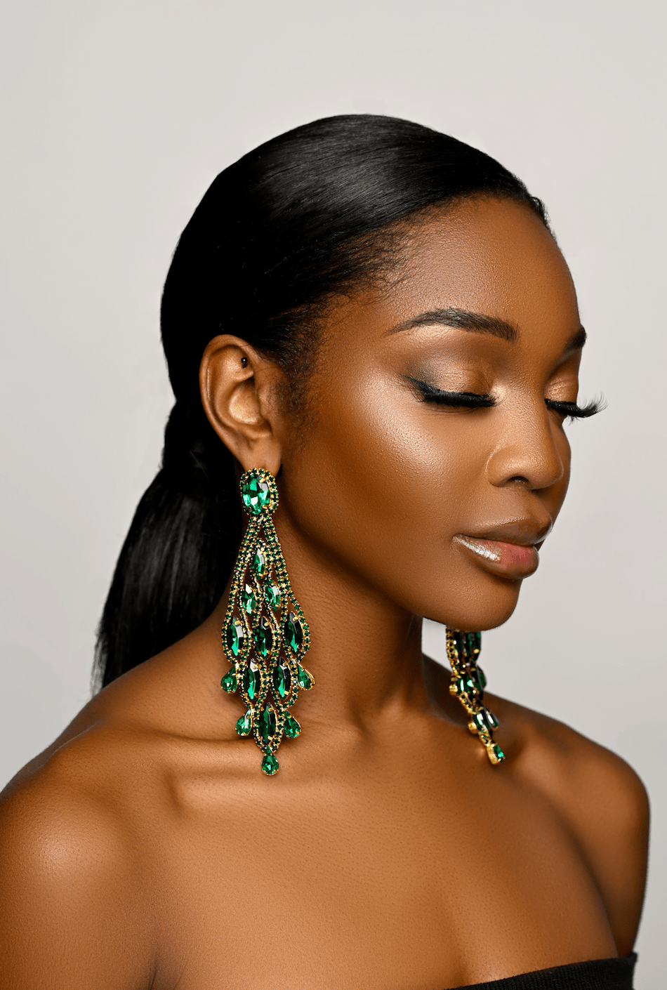 Long Elegant Glamorous Green Diamante Rhinestone Teardrop Tassel Statement Earrings - Fatisha Boutique