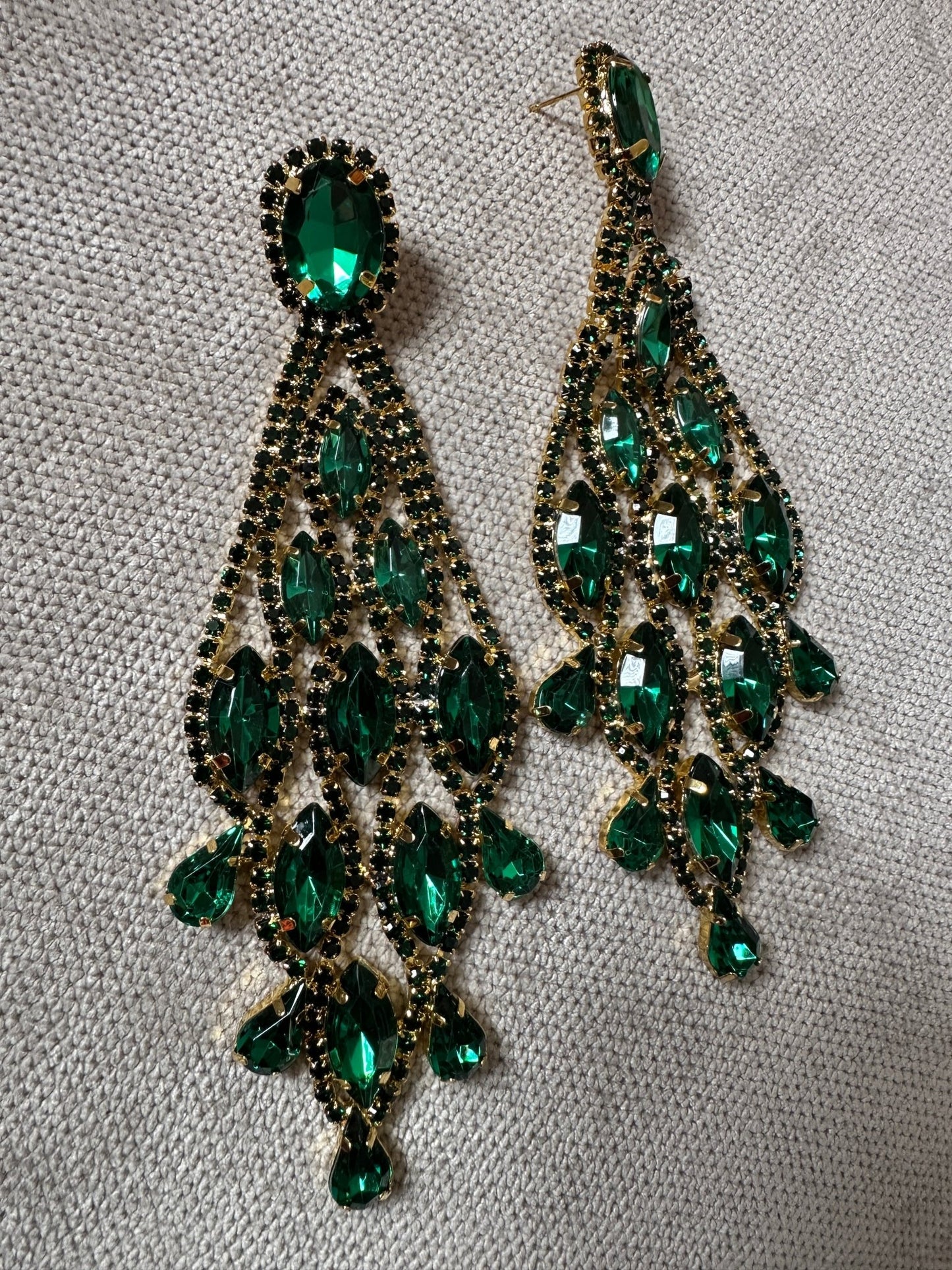 Long Elegant Glamorous Green Diamante Rhinestone Teardrop Tassel Statement Earrings - Fatisha Boutique