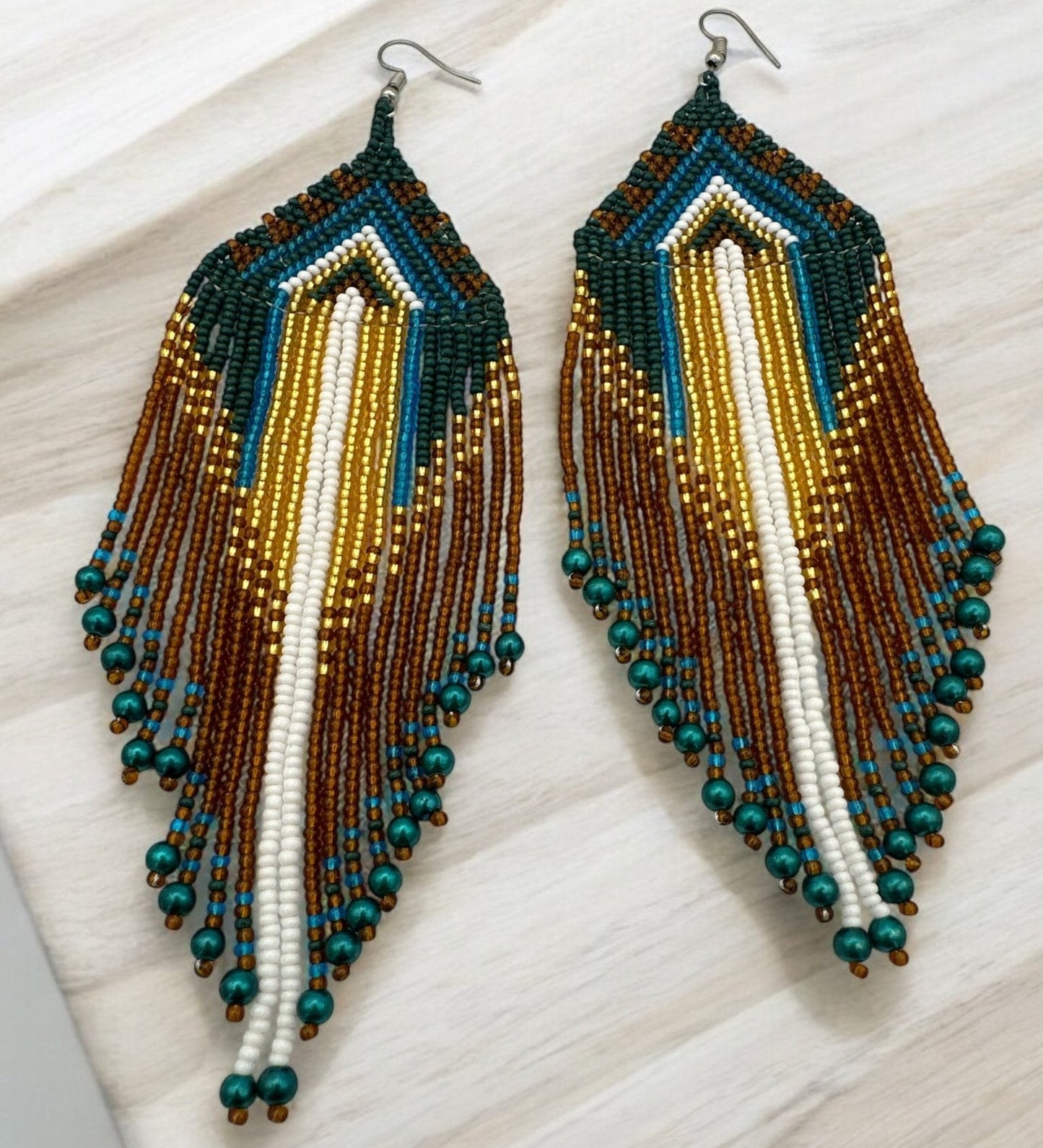 Long Elegant Green Multi - Beaded Ethnic Dangle Earrings – Authentic Handmade Native Jewellery - Fatisha Boutique