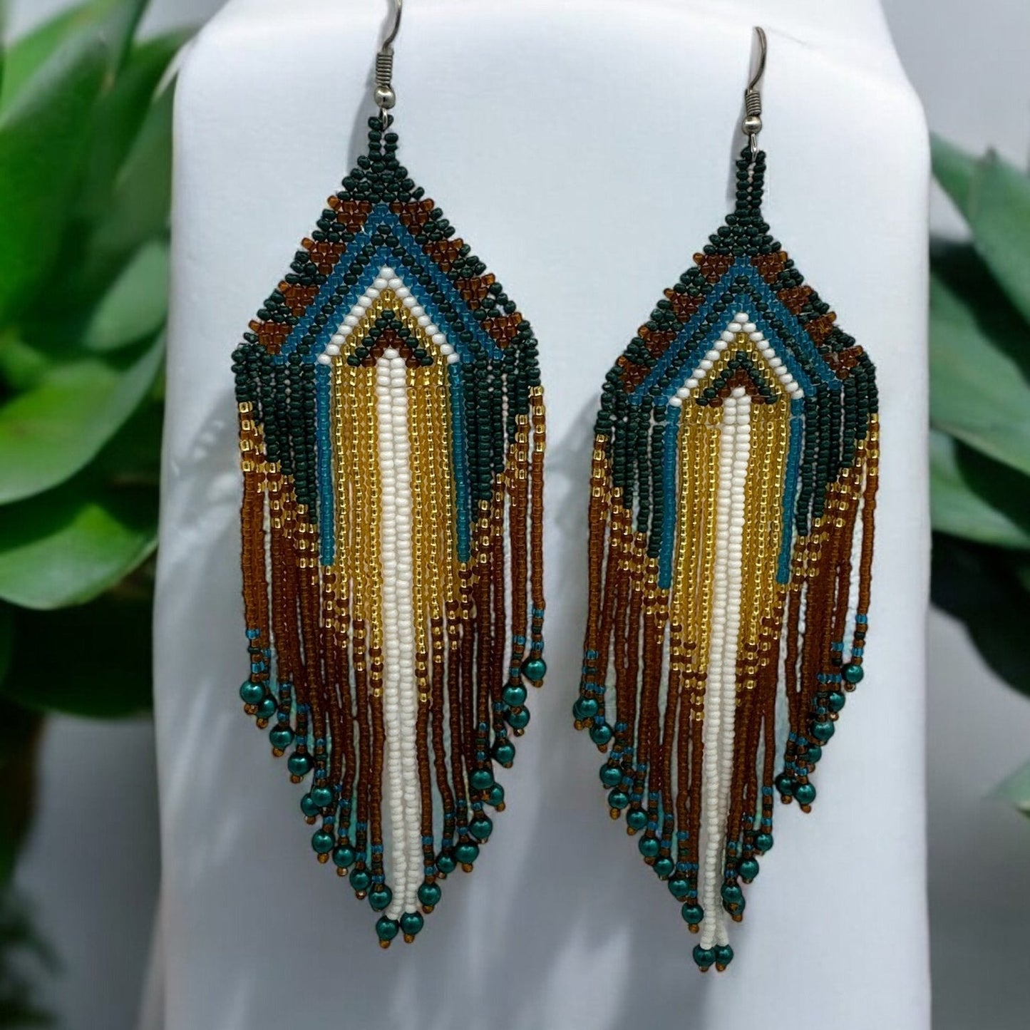 Long Elegant Green Multi - Beaded Ethnic Dangle Earrings – Authentic Handmade Native Jewellery - Fatisha Boutique