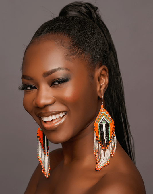 Long Elegant Orange Beaded Dangle Earrings | Authentic African Ethnic Jewellery - Fatisha Boutique