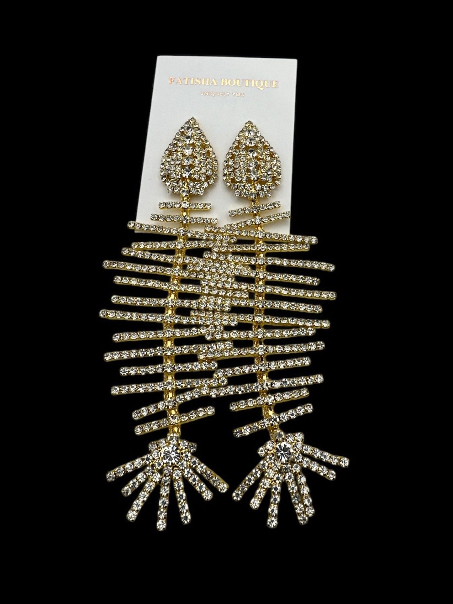 Long Glamorous Fishbone Rhinestone Earrings – Sparkly Crystal Drop Statement Fashion Jewellery - Fatisha Boutique