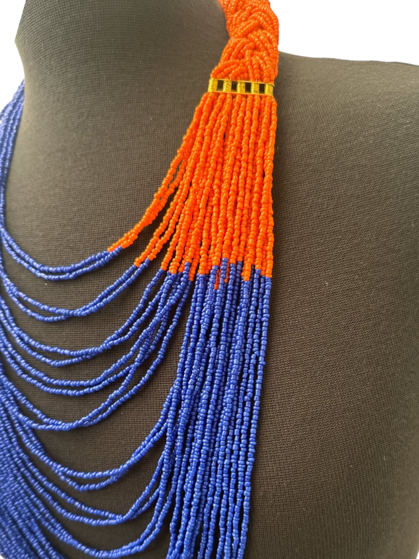 Long Orange And Purple Braided Beaded African Ethnic Necklace - Fatisha Boutique