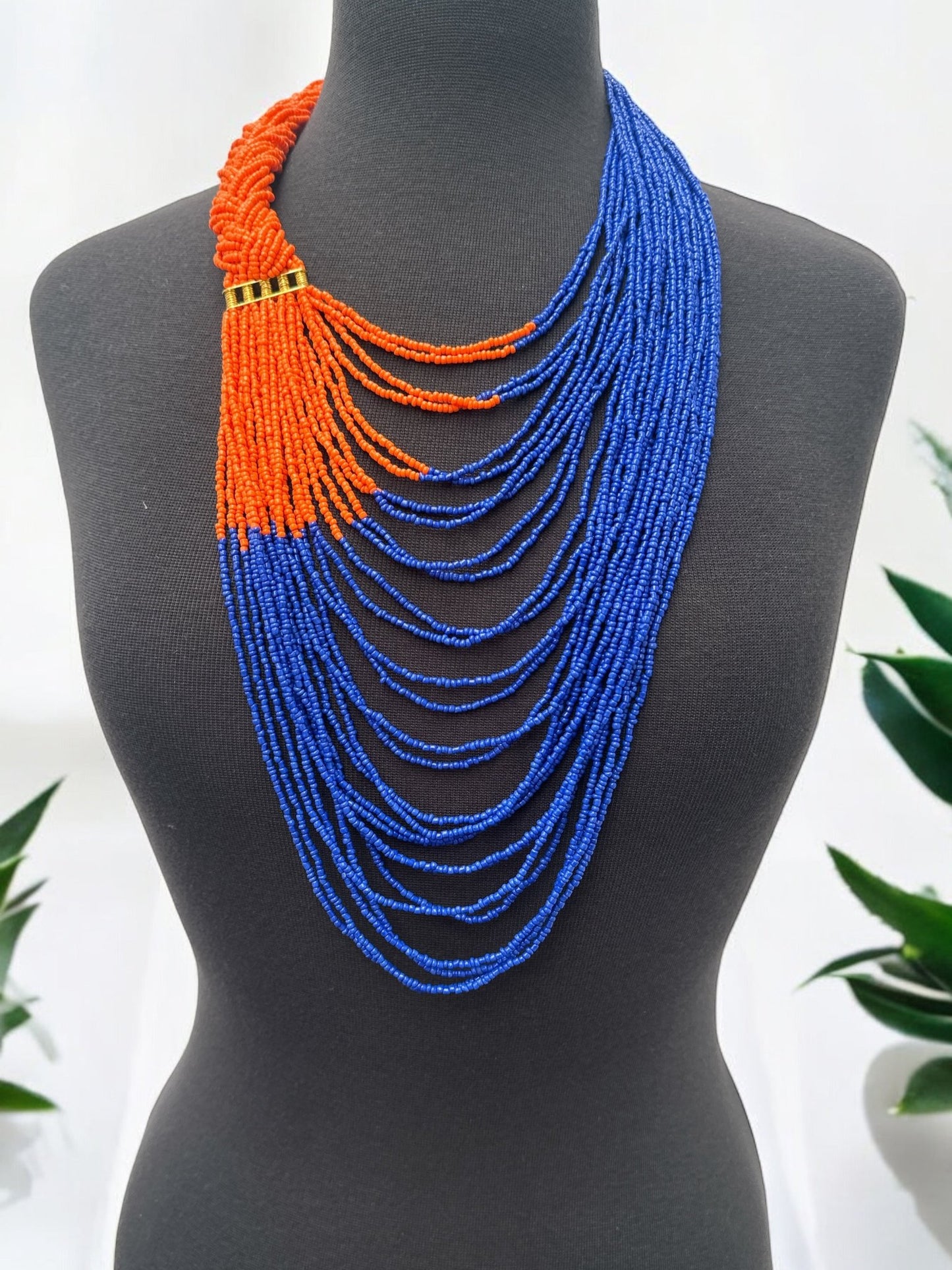 Long Orange And Purple Braided Beaded African Ethnic Necklace - Fatisha Boutique