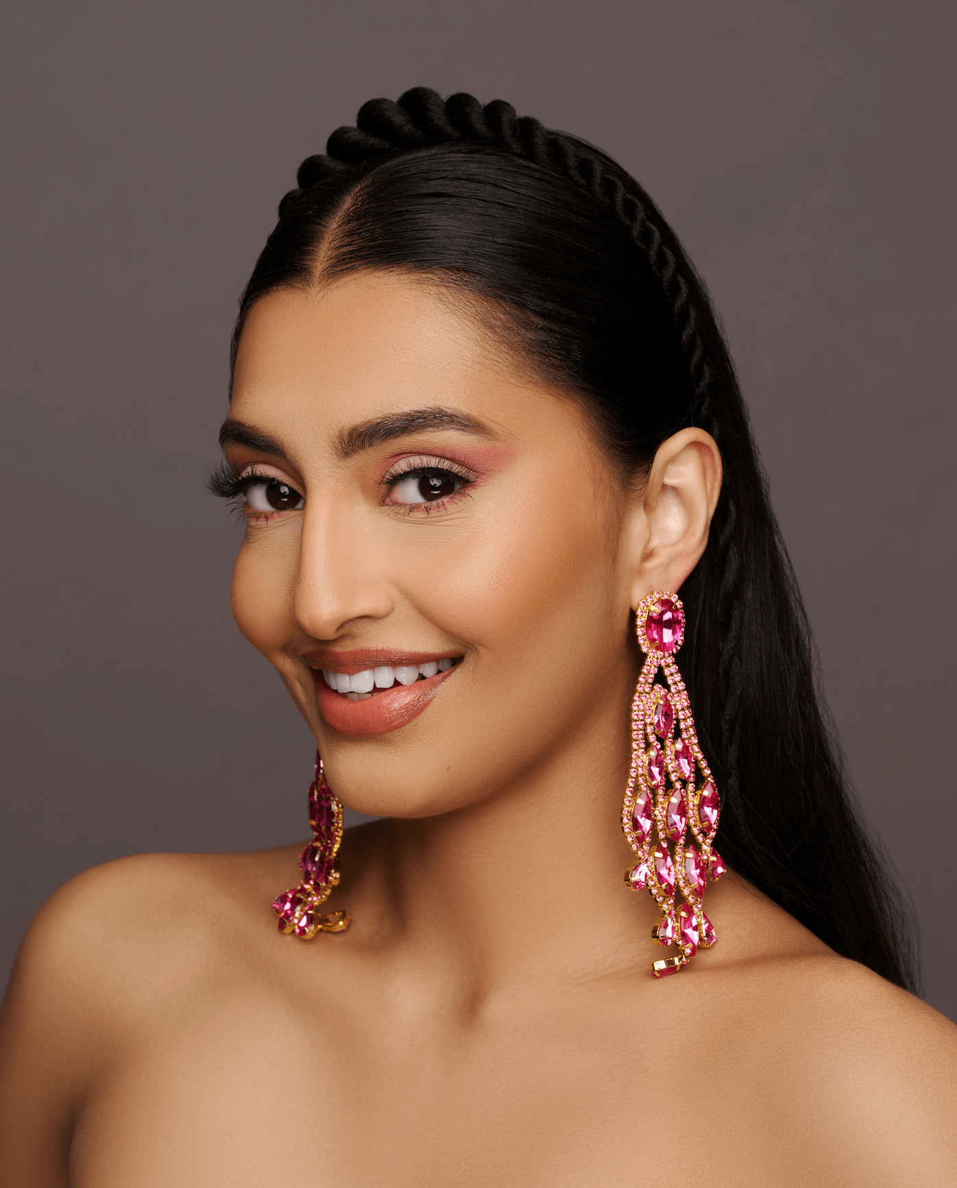 Long Pink Glamorous Diamante Rhinestone Teardrop Tassel Statement Earrings - Fatisha Boutique